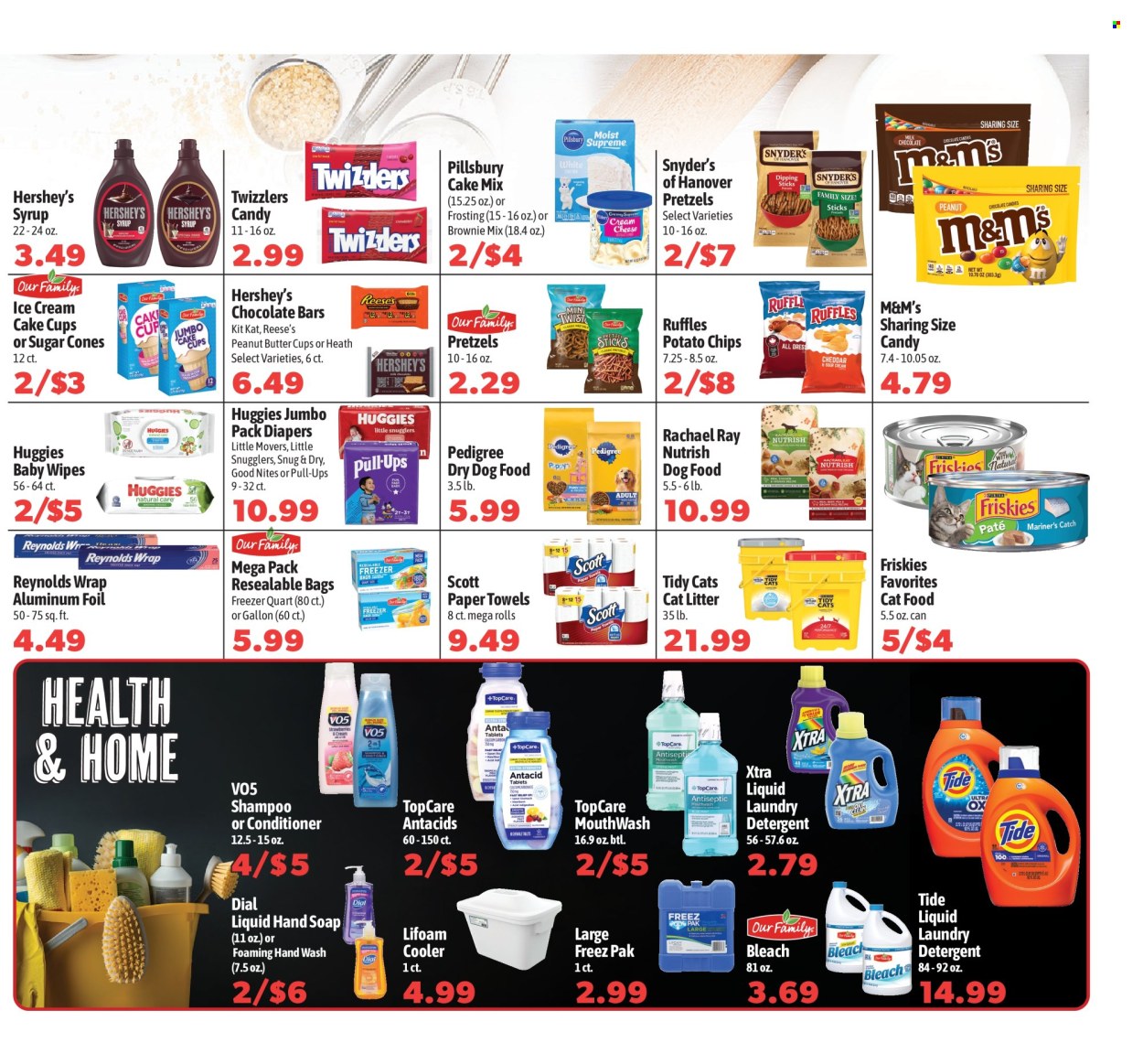 thumbnail - Harding's Markets Flyer - 06/28/2024 - 07/04/2024 - Sales products - pretzels, brownie mix, cake mix, Pillsbury, Reese's, Hershey's, ice cream cake, KitKat, M&M's, peanut butter cups, chocolate bar, Candy, sweets, potato chips, Ruffles, frosting, baking mix, syrup, shampoo, hand soap, hand wash, Dial, conditioner, bleach, VO5, Antacid. Page 5.