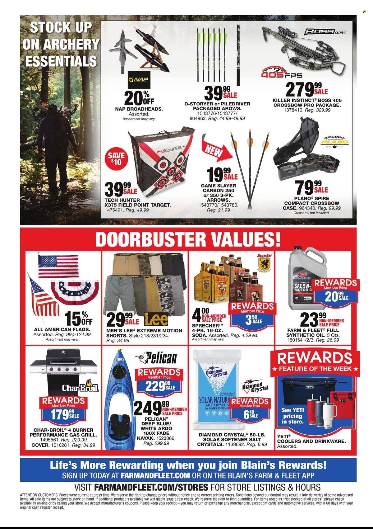 thumbnail - Blain's Farm & Fleet Flyer - 06/27/2024 - 07/10/2024 - Sales products - drinkware, water softener, Lee, shorts, Hunter, hunting accessories, kayak, gas grill, grill. Page 12.