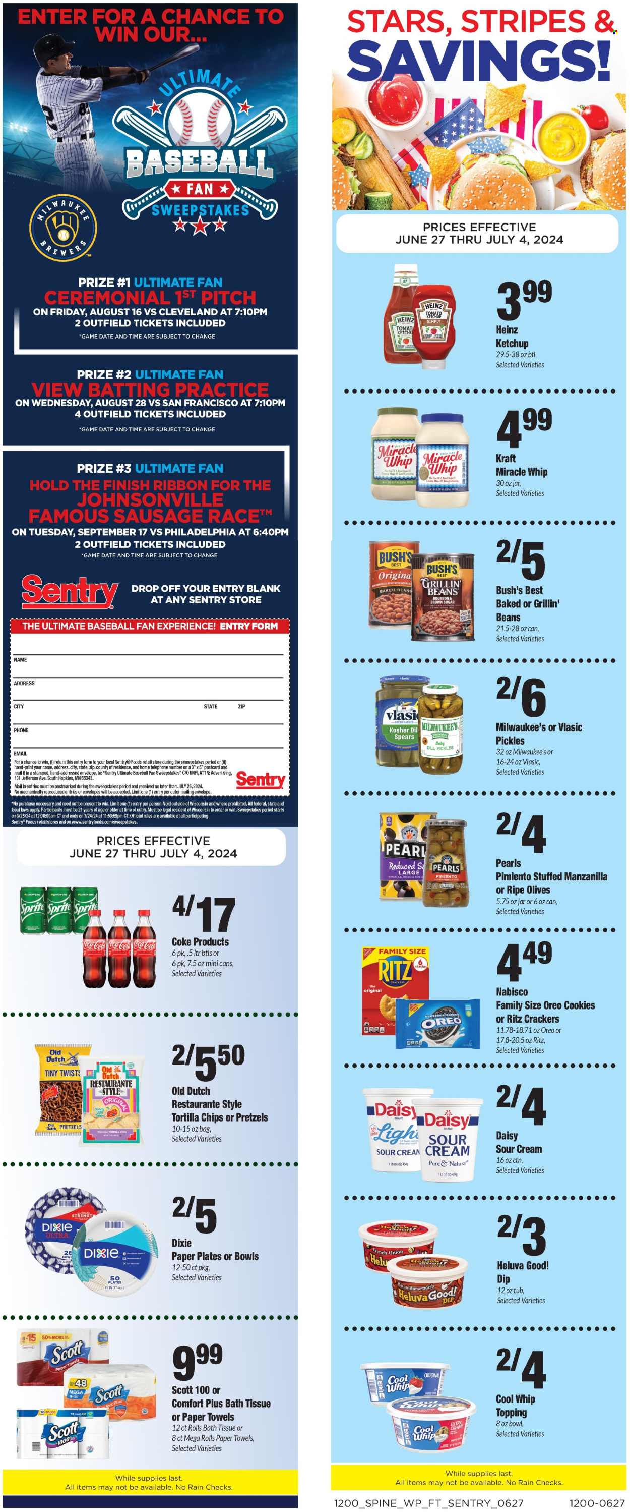 thumbnail - Sentry Foods Flyer - 06/27/2024 - 07/04/2024 - Sales products - pretzels, horseradish, lemons, Kraft®, ready meal, Johnsonville, sausage, Philadelphia, Cool Whip, sour cream, mayonnaise, Miracle Whip, dip, cookies, crackers, RITZ, Nabisco, tortilla chips, chips, cane sugar, sugar, brewer, topping, Heinz, pickles, baked beans, pickled vegetables, ketchup, dressing, sauce, olive oil, oil, Coca-Cola, Sprite, soft drink, Coke, carbonated soft drink, alcohol, bourbon, bath tissue, Scott, kitchen towels, paper towels. Page 5.