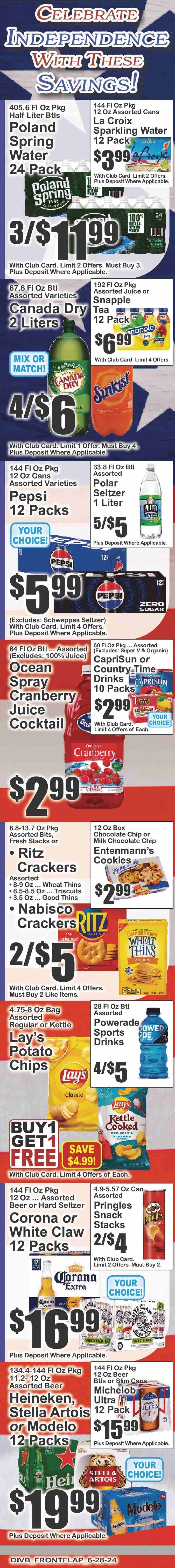thumbnail - Super Fresh Flyer - 06/28/2024 - 07/04/2024 - Sales products - Entenmann's, cookies, crackers, RITZ, Nabisco, potato chips, Pringles, Lay’s, Thins, salty snack, Canada Dry, cranberry juice, ginger ale, Schweppes, Powerade, Pepsi, energy drink, fruit drink, ice tea, soft drink, Snapple, Country Time, electrolyte drink, spring water, carbonated soft drink, White Claw, Hard Seltzer, beer, Stella Artois, Corona Extra, Heineken, Modelo, Michelob. Page 9.