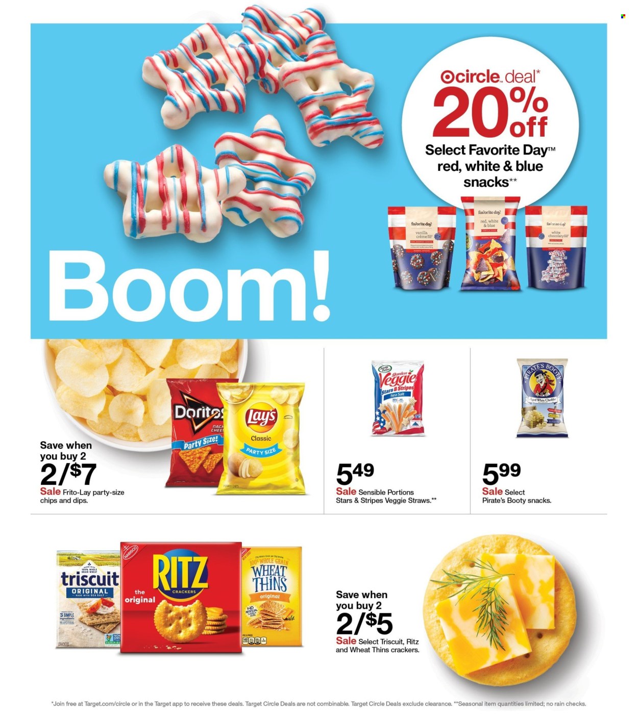 thumbnail - Target Flyer - 06/30/2024 - 07/06/2024 - Sales products - snack, cheese, crackers, RITZ, Nabisco, Doritos, tortilla chips, potato chips, chips, Lay’s, Thins, Frito-Lay, veggie straws, salty snack, Target. Page 5.
