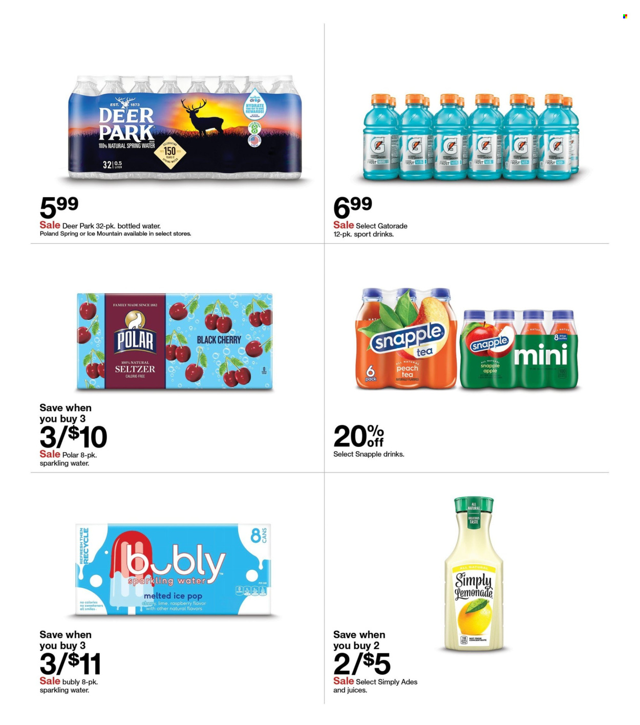 thumbnail - Target Flyer - 06/30/2024 - 07/06/2024 - Sales products - Apple, lemonade, juice, fruit drink, Snapple, Gatorade, electrolyte drink, seltzer water, spring water, sparkling water, bottled water, Ice Mountain, water, tea. Page 7.