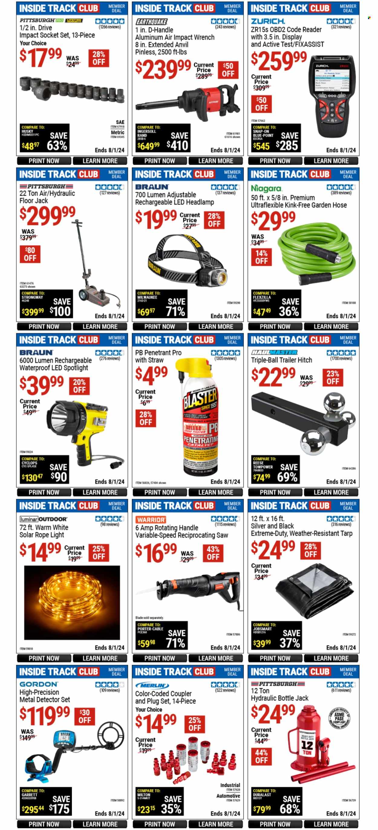 thumbnail - Harbor Freight Flyer - 06/28/2024 - 08/01/2024 - Sales products - spotlight, Braun, metal detector, headlamp, rope light, Milwaukee, Reese Towpower, bolt, wrench, impact wrench, saw, reciprocating saw, socket set, trailer, weather-resistant tarp, garden hose, floor jack, Duralast. Page 2.