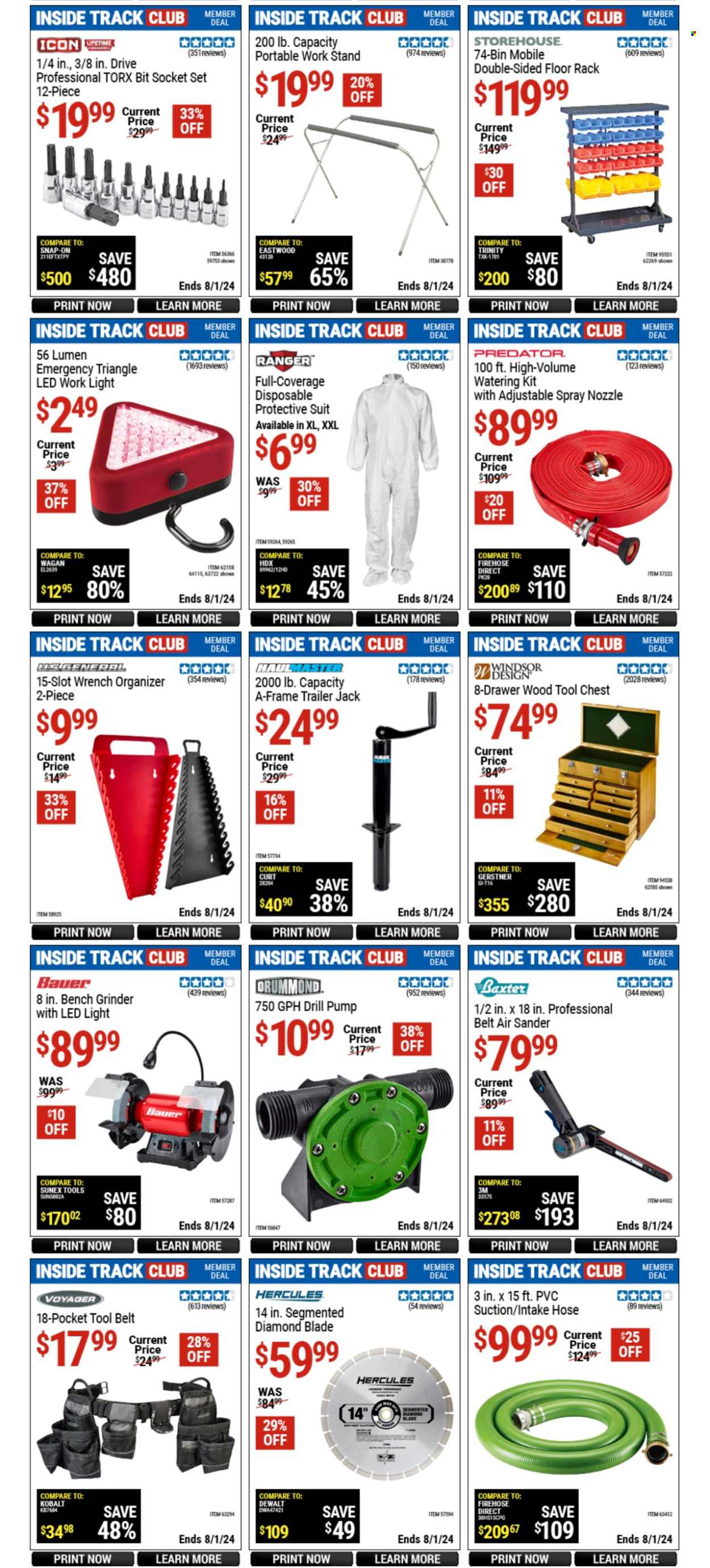 thumbnail - Harbor Freight Flyer - 06/28/2024 - 08/01/2024 - Sales products - work light, drill, wrench, grinder, socket set, tool chest, belt, trailer, tool belt, pump, hose accessories. Page 7.