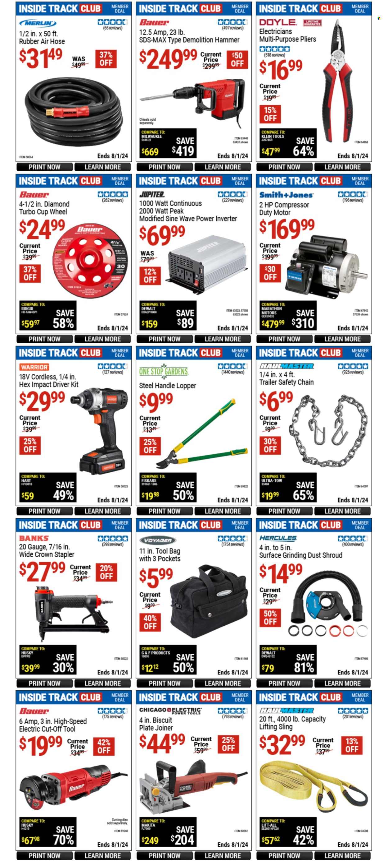 thumbnail - Harbor Freight Flyer - 06/28/2024 - 08/01/2024 - Sales products - Fiskars, compressor, bag, Milwaukee, impact driver, power tools, hammer, Ridgid, cutting disc, pliers, air compressor, trailer, air hose, tool bag, power inverter, gauge. Page 10.