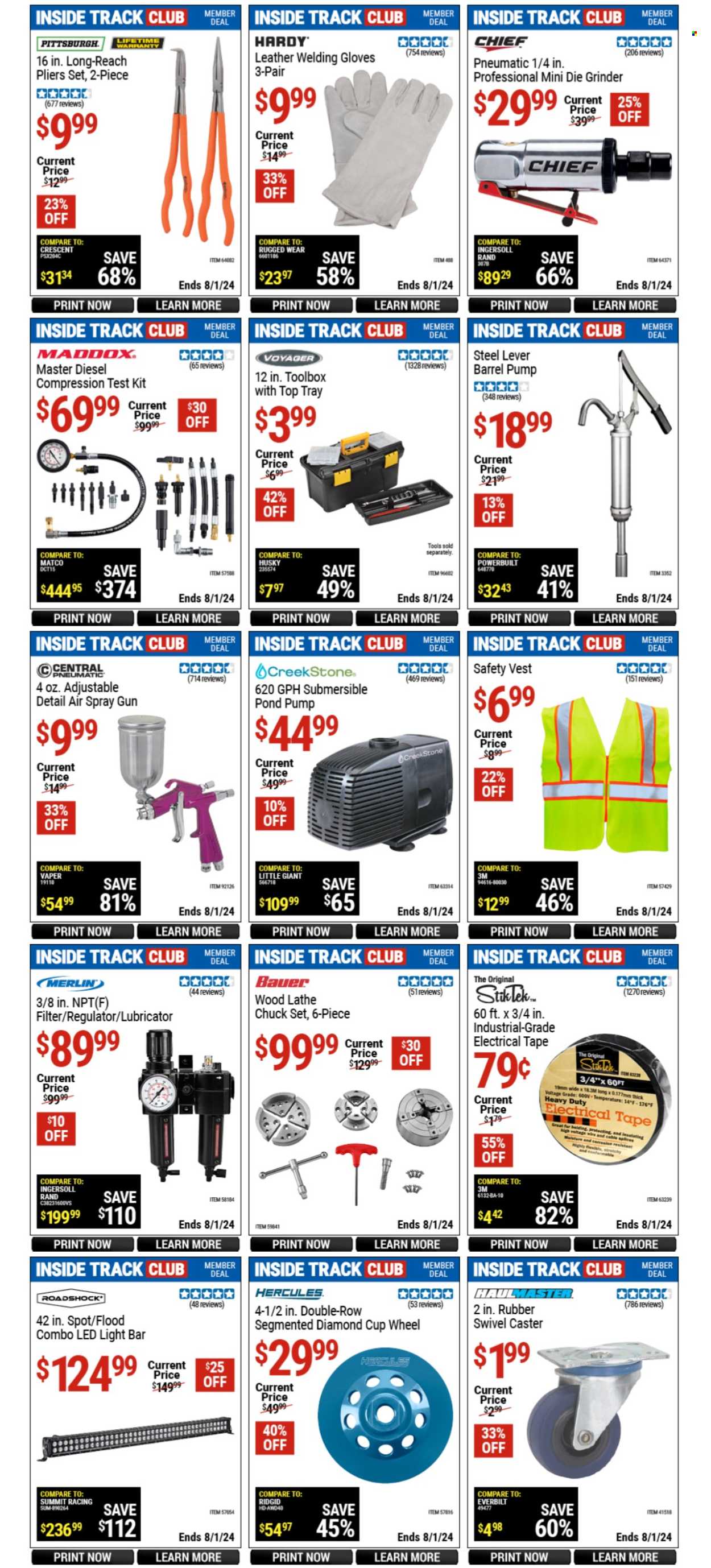 thumbnail - Harbor Freight Flyer - 06/28/2024 - 08/01/2024 - Sales products - water pump, vest, spray gun, tray, LED light, Ridgid, grinder, pliers, tool box, lathe, gloves, welding gloves, central pneumatic. Page 12.