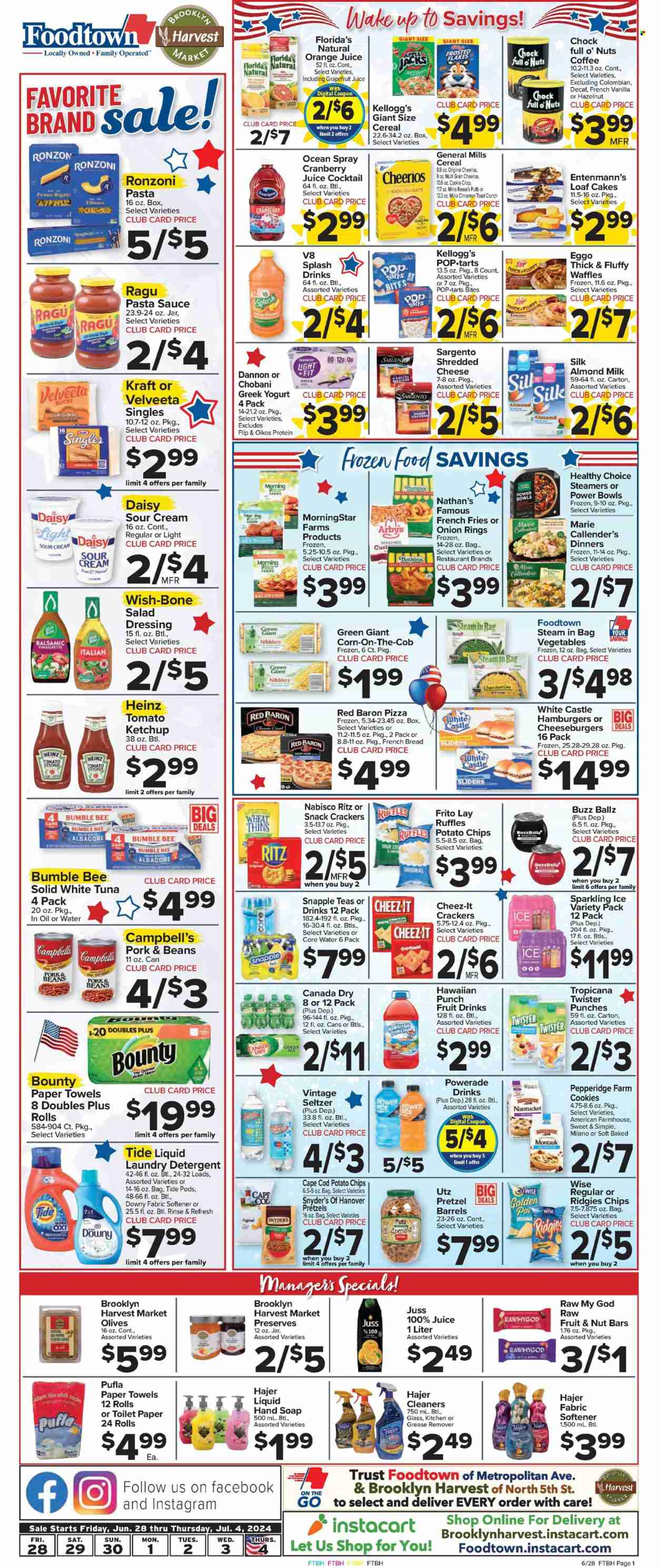 thumbnail - Foodtown Flyer - 06/28/2024 - 07/04/2024 - Sales products - bread, pretzels, cake, french bread, puffs, waffles, loaf cake, Entenmann's, corn, sweet corn, red peppers, tuna, Campbell's, spaghetti, pizza, pasta sauce, onion rings, hamburger, Bumble Bee, cheeseburger, MorningStar Farms, Healthy Choice, Marie Callender's, Kraft®, spaghetti sauce, ready meal, plant based ready meal, plant based product, shredded cheese, Sargento, Velveeta, greek yoghurt, yoghurt, Oikos, Silk, Chobani, Dannon, snack bar, almond milk, plant-based milk, eggs, Reese's, frozen vegetables, potato fries, french fries, Red Baron, cookies, Bounty, crackers, Kellogg's, Pop-Tarts, Florida's Natural, RITZ, Nabisco, General Mills, potato chips, Cheez-It, Ruffles, salty snack, canned tuna, Heinz, canned fish, Cheerios, nut bar, Frosted Flakes, penne, salad dressing, ketchup, dressing, Canada Dry, cranberry juice, ginger ale, Powerade, orange juice, energy drink, fruit drink, Snapple, Tropicana Twister, seltzer water, flavored water, water, tea, coffee, beer, toilet paper, kitchen towels, paper towels, detergent, cleaner, Tide, fabric softener, laundry detergent, Downy Laundry, hand soap, Trust, Sharp. Page 3.