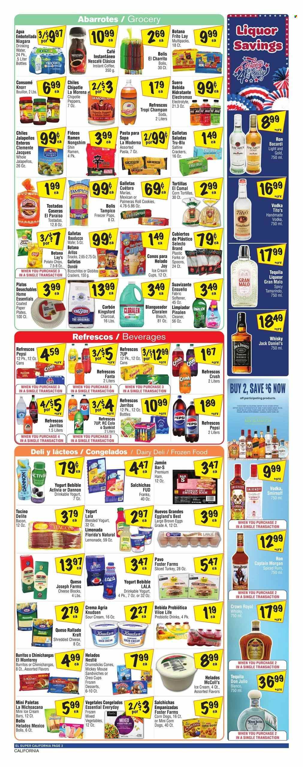 thumbnail - El Super Flyer - 06/26/2024 - 07/02/2024 - Sales products - corn tortillas, tortillas, tostadas, dessert, mixed vegetables, peppers, ramen, Jack Daniel's, sandwich, snack, pasta, instant noodles, Knorr, burrito, Kraft®, Kingsford, ready meal, sliced turkey, ham, frankfurters, mozzarella, shredded cheese, cheese, Oreo, Activia, Dannon, yoghurt drink, probiotic drink, eggs, large eggs, sour cream, ice cream, ice cream bars, Mickey Mouse, ice cones, frozen vegetables, Nestlé, crackers, Florida's Natural, waffle cones, potato chips, Lay’s, salty snack, bouillon, canned vegetables, lemonade, Pepsi, Fanta, soft drink, 7UP, fruit punch, soda, carbonated soft drink, instant coffee, Nescafé, alcohol, Bacardi, Captain Morgan, rum, Smirnoff, spiced rum, tequila, vodka, liquor, whisky, bleach, fabric softener, spoon, plate, comal, paper plate. Page 2.