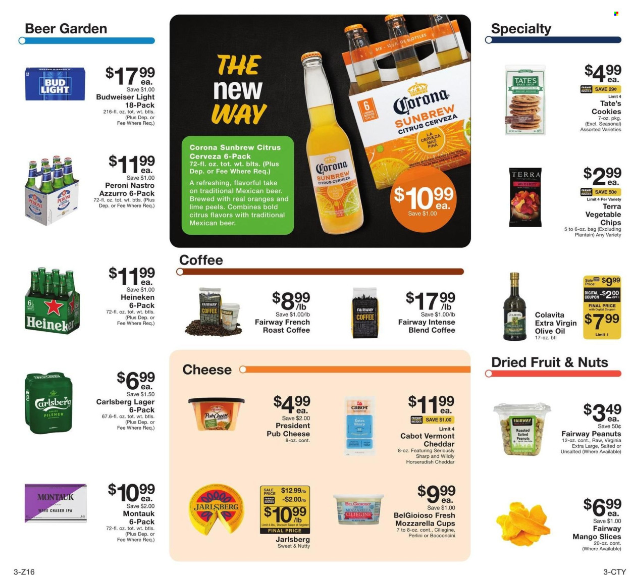 thumbnail - Fairway Market Flyer - 06/28/2024 - 07/04/2024 - Sales products - horseradish, oranges, bocconcini, mozzarella, cheese, pub cheese, Président, cookies, vegetable chips, extra virgin olive oil, olive oil, oil, peanuts, dried fruit, coffee, alcohol, beer, Budweiser, Bud Light, Corona Extra, Heineken, Carlsberg, Peroni, Lager, IPA. Page 3.