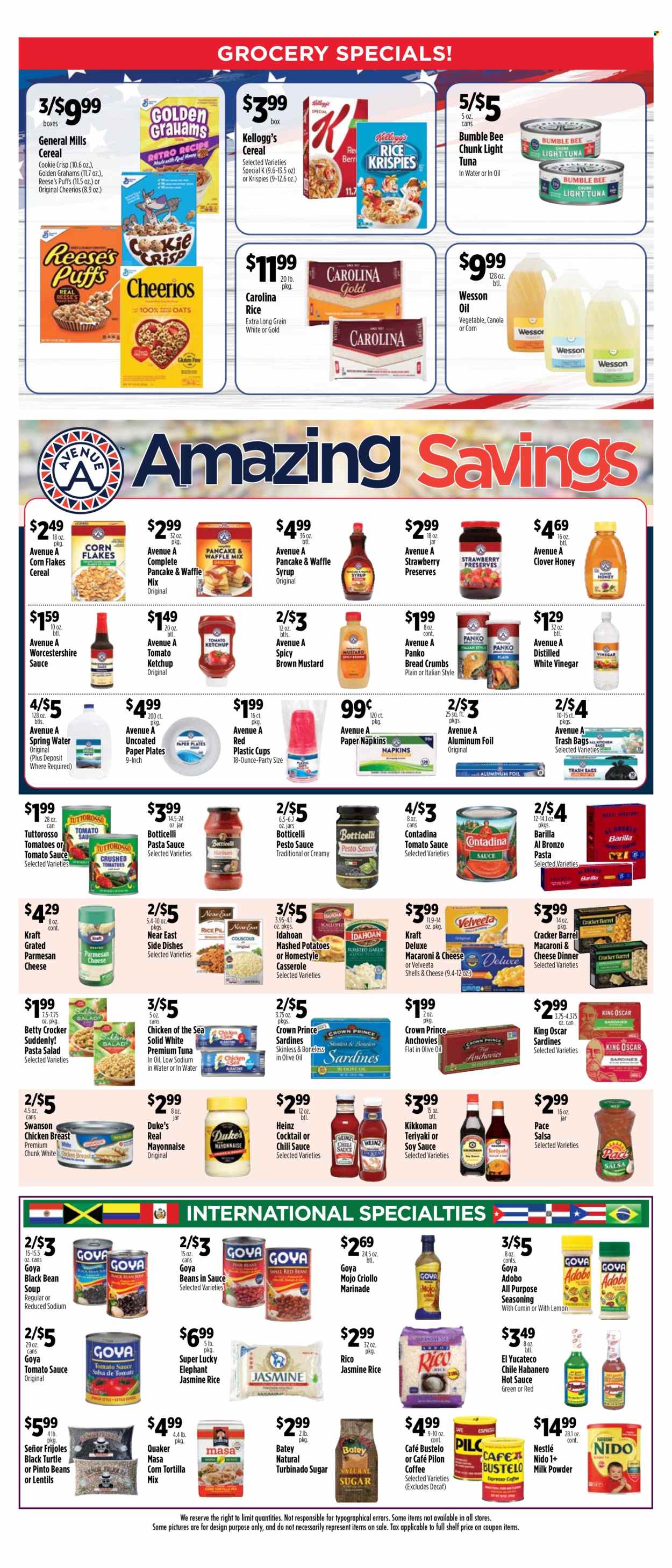 thumbnail - Pioneer Supermarkets Flyer - 06/30/2024 - 07/06/2024 - Sales products - corn tortillas, tortillas, puffs, breadcrumbs, panko breadcrumbs, pancake mix, sardines, tuna, macaroni & cheese, mashed potatoes, pasta sauce, soup, Bumble Bee, casserole, Barilla, Quaker, Kraft®, pasta salad, spaghetti sauce, ready meal, chicken breasts, anchovies, parmesan, grated cheese, Velveeta, milk powder, mayonnaise, Reese's, cookies, Nestlé, Kellogg's, General Mills, canned tomatoes, canned tuna, lentils, tomato sauce, Heinz, pinto beans, light tuna, Chicken of the Sea, Goya, canned fish, cereals, Cheerios, corn flakes, jasmine rice, cumin, seasoning, adobo sauce, mustard, soy sauce, worcestershire sauce, hot sauce, ketchup, chilli sauce, Kikkoman, salsa, marinade, vinegar, syrup, spring water, coffee, napkins, trash bags, aluminium foil, paper plate, plastic cup. Page 2.