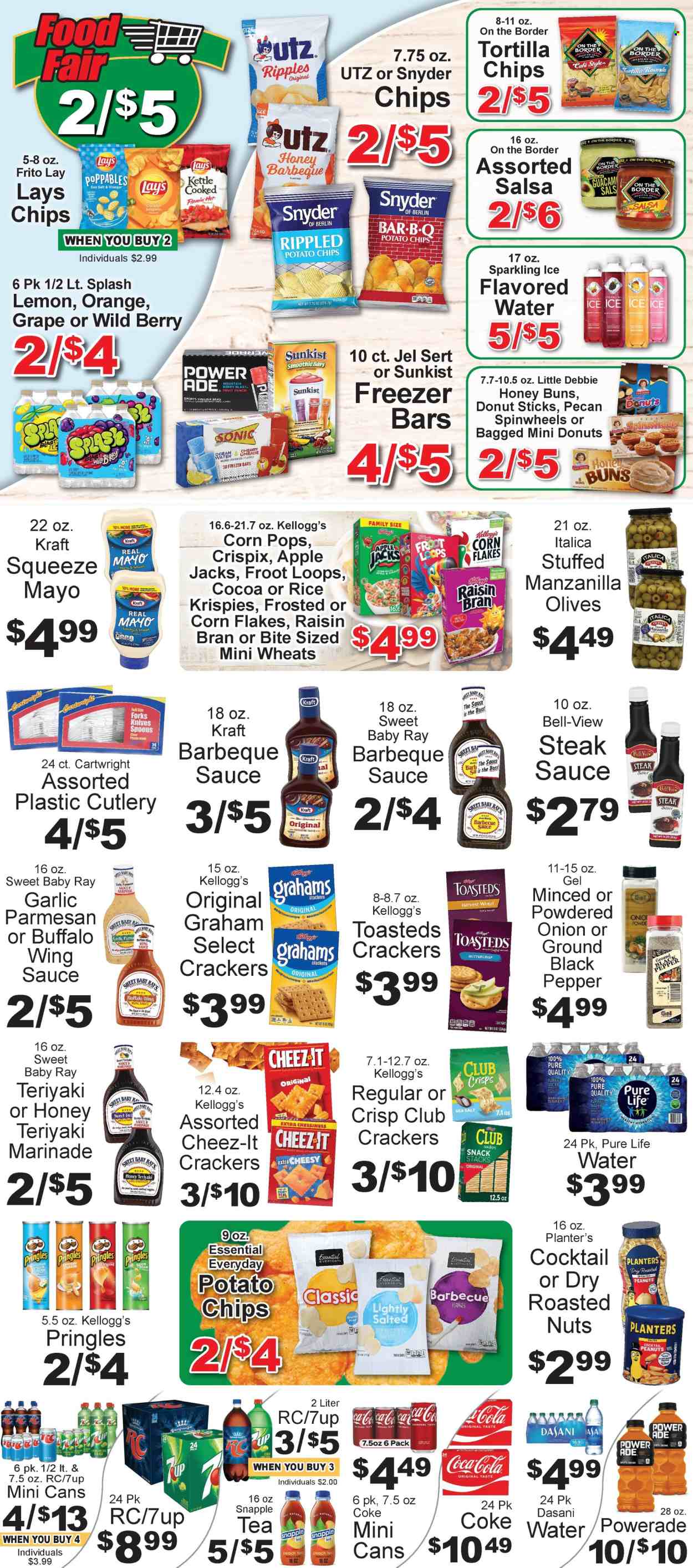 thumbnail - Food Fair Market Flyer - 06/30/2024 - 07/06/2024 - Sales products - buns, donut, cheese, mayonnaise, Mars, crackers, Kellogg's, bars, tortilla chips, potato chips, Pringles, chips, Lay’s, Cheez-It, salty snack, crisps, cocoa, olives, corn flakes, Corn Pops, Raisin Bran, black pepper, BBQ sauce, steak sauce, marinade, wing sauce, corn syrup, syrup, peanuts, Planters, Coca-Cola, Powerade, energy drink, ice tea, soft drink, 7UP, Snapple, Coke, electrolyte drink, smoothie, flavored water, purified water, Pure Life Water, carbonated soft drink. Page 4.