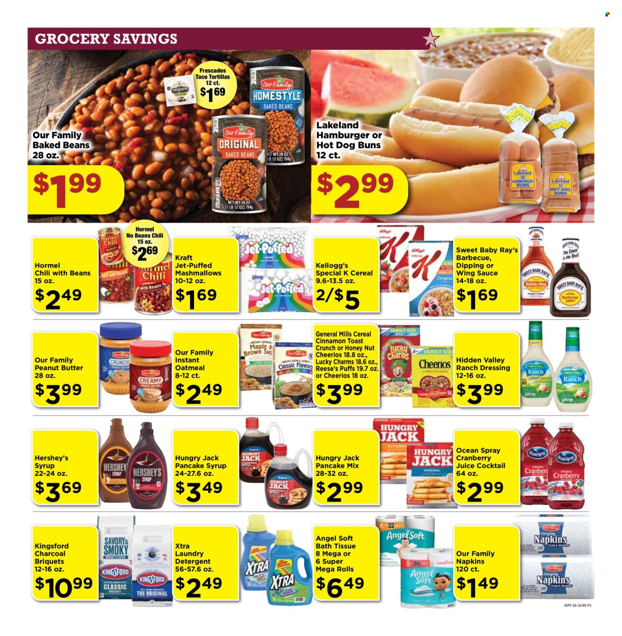 thumbnail - Marketplace Foods Flyer - 06/28/2024 - 07/04/2024 - Sales products - tortillas, hot dog rolls, buns, burger buns, puffs, pancake mix, Kraft®, Hormel, Kingsford, ready meal, ranch dressing, Reese's, Hershey's, Kellogg's, General Mills, oatmeal, chili beans, baked beans, cereals, Cheerios, corn flakes, dressing, wing sauce, peanut butter, pancake syrup, syrup, cranberry juice, fruit drink. Page 5.