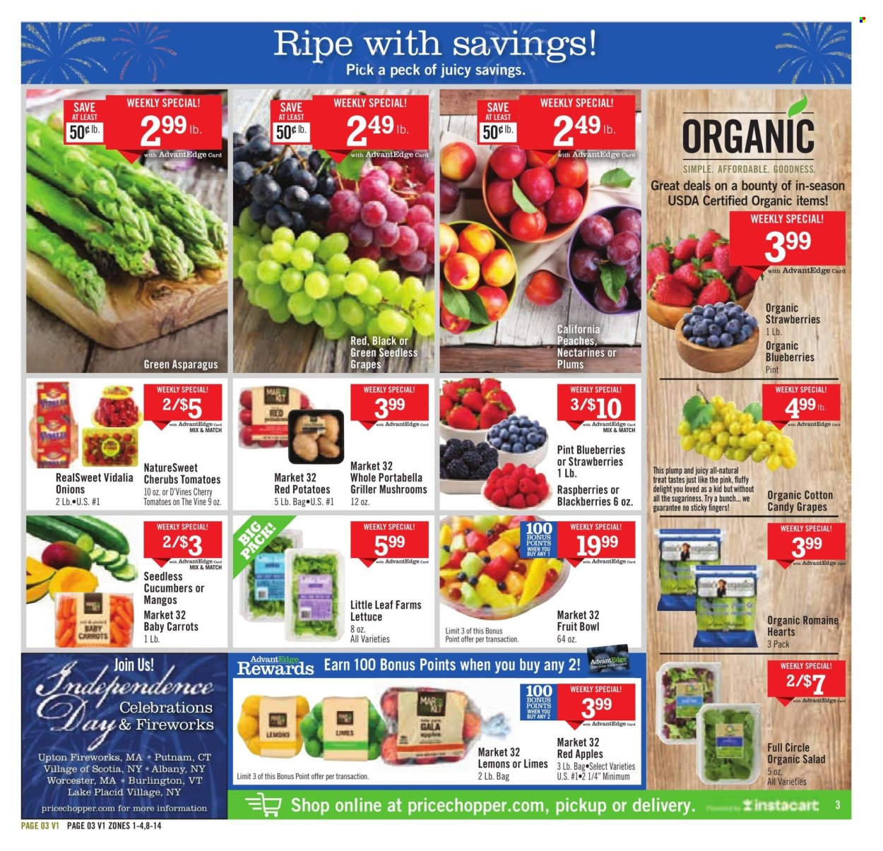 thumbnail - Price Chopper Flyer - 06/30/2024 - 07/06/2024 - Sales products - portobello mushrooms, mushrooms, asparagus, carrots, cucumber, tomatoes, potatoes, onion, lettuce, salad, red potatoes, romaine hearts, apples, blackberries, blueberries, grapes, limes, nectarines, raspberries, seedless grapes, strawberries, plums, fruit cup, lemons, peaches, Bounty, mango. Page 3.