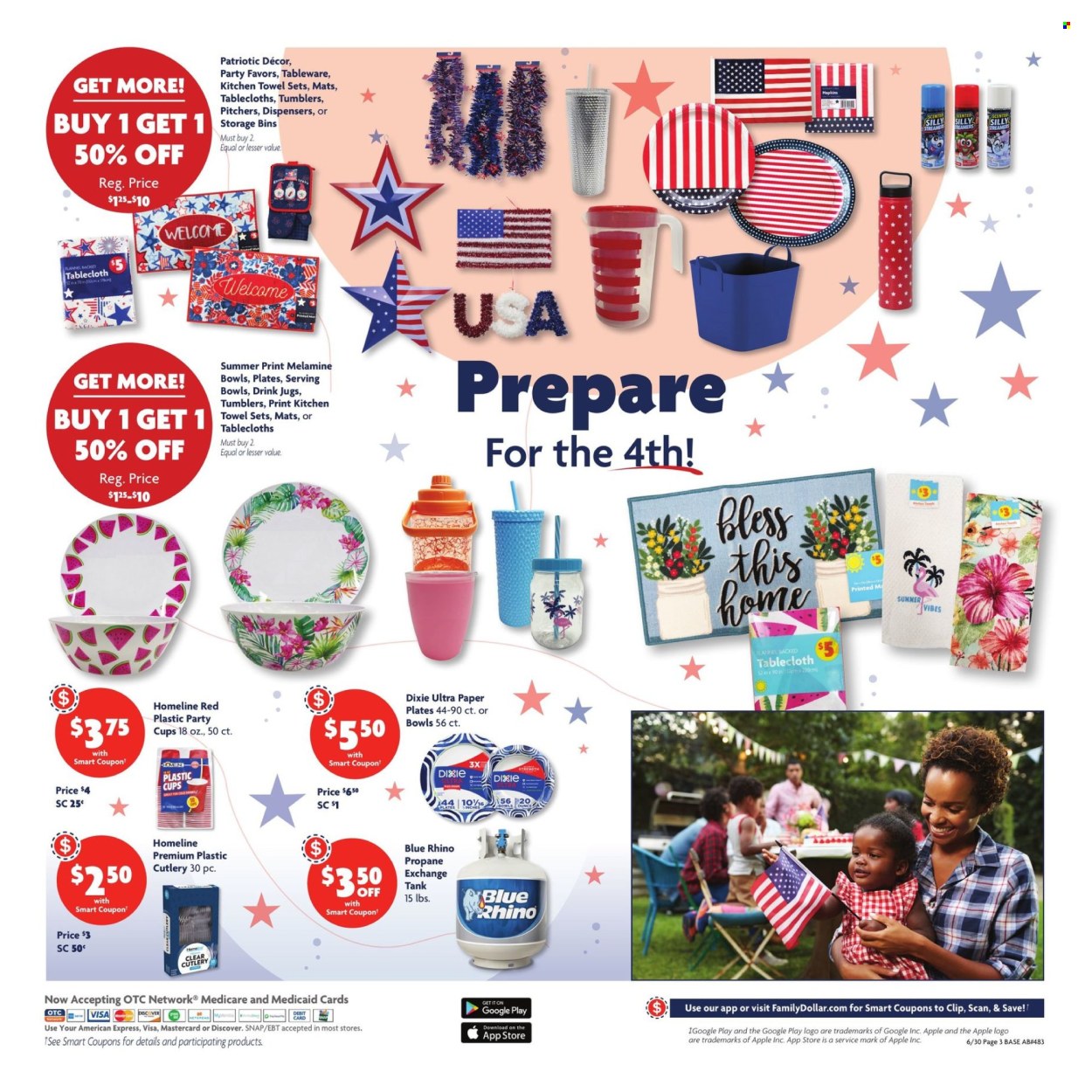 thumbnail - Family Dollar Flyer - 06/30/2024 - 07/06/2024 - Sales products - napkins, kitchen towels, Dixie, tableware, tumbler, plate, cup, disposable cutlery, serving bowl, bowl, paper plate, party cups, plastic cup, tablecloth, tank. Page 4.