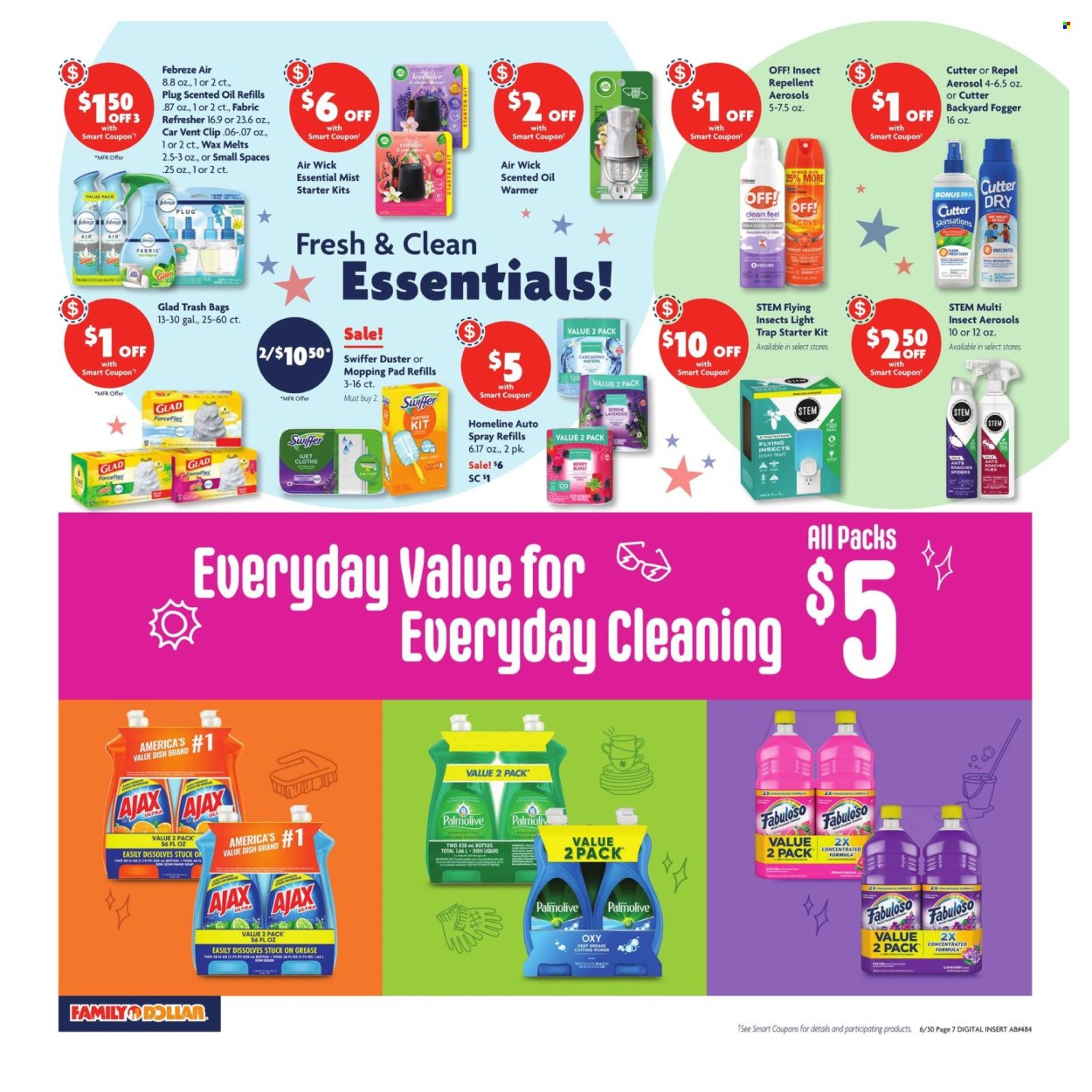 thumbnail - Family Dollar Flyer - 06/30/2024 - 07/06/2024 - Sales products - watermelon, Febreze, Ajax, Fabuloso, Swiffer, fabric refresher, dishwashing liquid, hand soap, Palmolive, refresher, bag, trash bags, repellent, duster, mop pad, cloths, cutter, air freshener, Air Wick, wax melts, lavender. Page 14.