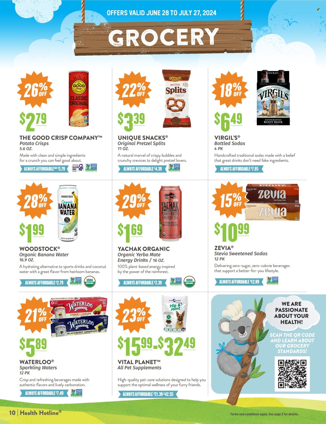 thumbnail - Natural Grocers Flyer - 06/28/2024 - 07/27/2024 - Sales products - pretzels, bananas, snack, potato crisps, crisps, sugar, stevia, energy drink, coconut water, electrolyte drink, soda, Marvel. Page 10.