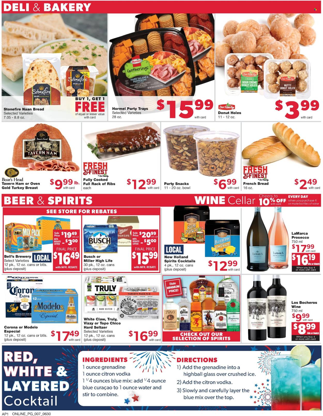 thumbnail - Family Fare Flyer - 06/30/2024 - 07/06/2024 - Sales products - flatbread, french bread, donut holes, party tray, grapefruits, snack, Hormel, Boar's Head, turkey breast, ham, turkey ham, pepperoni, water, grenadine, cocktail, sparkling wine, prosecco, wine, alcohol, bourbon, Captain Morgan, gin, rum, spiced rum, whiskey, punch, White Claw, Hard Seltzer, TRULY, cinnamon whisky, bourbon whiskey, whisky, beer, Busch, Corona Extra, Miller, Modelo, Bell's, Topo Chico, turkey, bowl. Page 12.