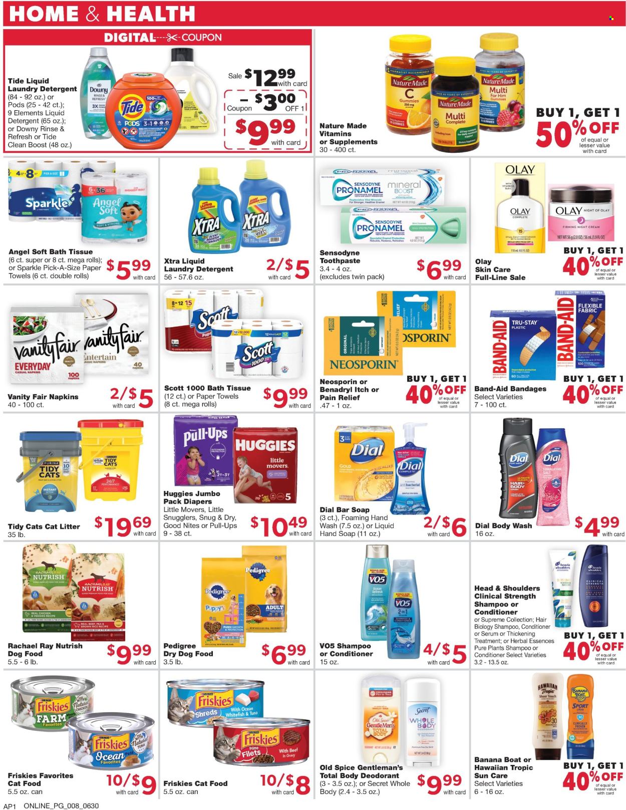 thumbnail - Family Fare Flyer - 06/30/2024 - 07/06/2024 - Sales products - salt, Huggies, napkins, nappies, bath tissue, Scott, kitchen towels, paper towels, detergent, Tide, fabric softener, liquid detergent, laundry detergent, XTRA, body wash, shampoo, hand soap, Old Spice, hand wash, soap bar, Dial, hair products, toothpaste, Sensodyne, moisturizer, serum, night cream, Olay, sun care, skin care product, conditioner, Head & Shoulders, Herbal Essences, VO5, sunscreen lotion, Hawaiian Tropic, deodorant, pain relief, Nature Made, Neosporin, dietary supplement, Benadryl, allergy control, vitamins, plaster. Page 13.
