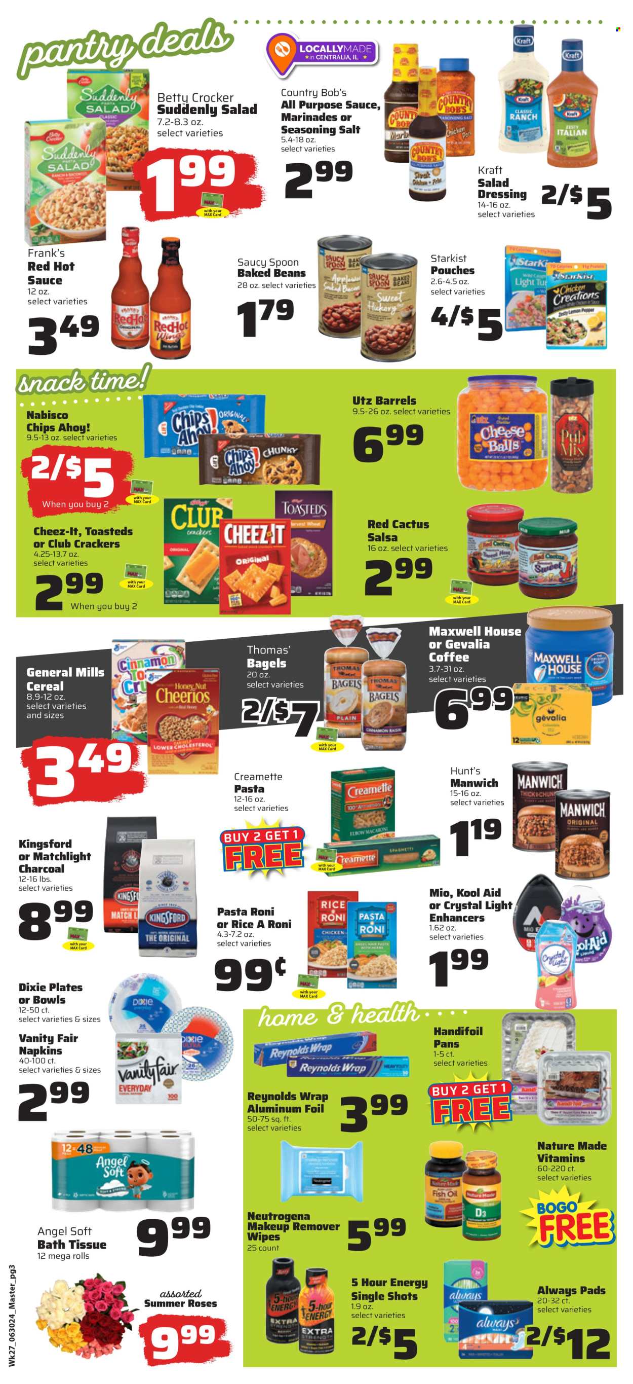 thumbnail - County Market Flyer - 06/30/2024 - 07/06/2024 - Sales products - bagels, StarKist, spaghetti, macaroni, snack, pasta, pasta sides, Kraft®, Kingsford, ready meal, rice sides, cheese balls, cookies, crackers, Chips Ahoy!, Nabisco, General Mills, Cheez-It, salt, baked beans, Manwich, canned meat, cereals, Cheerios, Creamette, cinnamon, seasoning, salad dressing, hot sauce, dressing, salsa, marinade, powder drink, Maxwell House, coffee, Gevalia. Page 5.