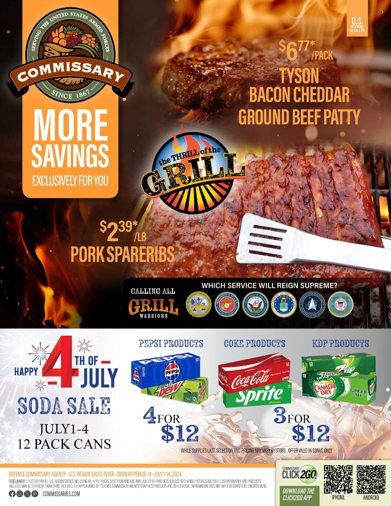 thumbnail - Commissary Flyer - 07/01/2024 - 07/14/2024 - Sales products - lemons, cheddar, cheese, Canada Dry, Coca-Cola, ginger ale, Sprite, Pepsi, soft drink, Coke, soda, carbonated soft drink, beef meat, ground beef, ribs, pork meat, pork ribs, pork spare ribs. Page 1.
