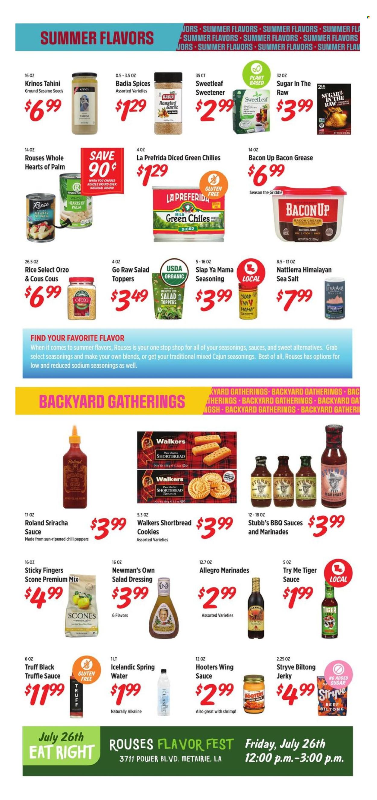 thumbnail - Rouses Markets Flyer - 06/27/2024 - 07/31/2024 - Sales products - scones, hearts of palm, chili peppers, seafood, shrimps, bacon, jerky, beef biltong, cookies, biscuit, sea salt, sweetener, Badia, rice, spice, seasoning, salad dressing, sriracha, tahini, dressing, marinade, sauce, wing sauce, water, palm. Page 2.