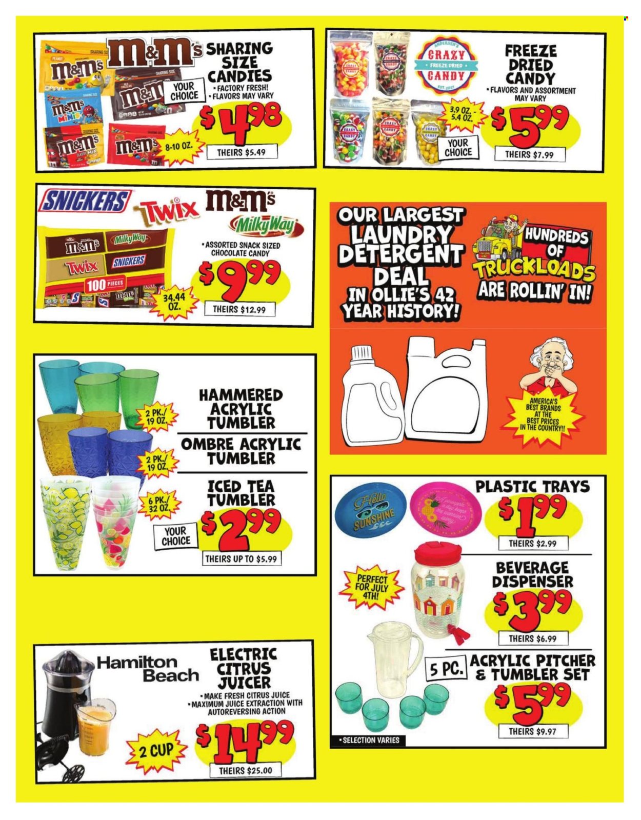 thumbnail - Ollie's Bargain Outlet Flyer - 07/01/2024 - 07/10/2024 - Sales products - snack, Milky Way, Snickers, Twix, M&M's, chocolate candies, sweets, pitcher, cup, dispenser, juicer. Page 4.