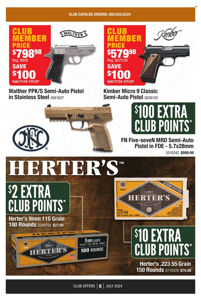 thumbnail - Cabela's Flyer - 07/01/2024 - 07/31/2024 - Sales products - jacket, Luger, semi-auto pistol, handgun, pistol. Page 6.