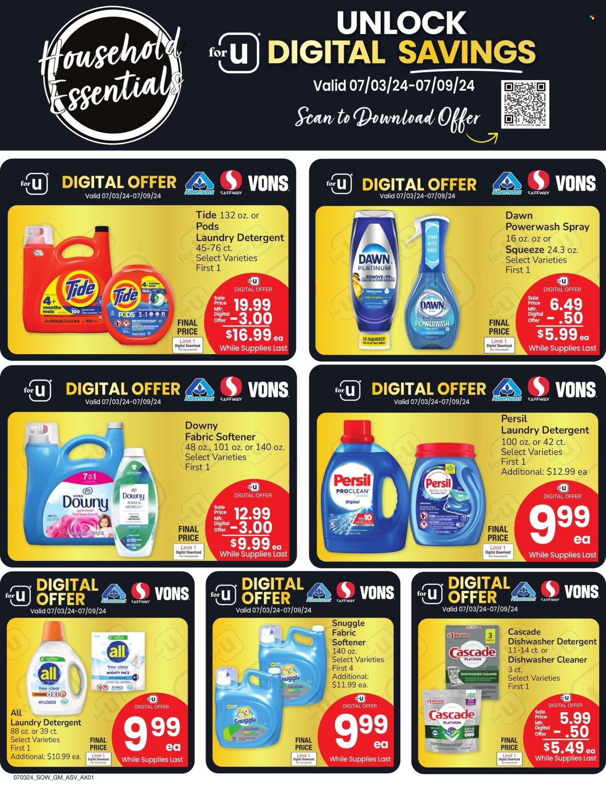 thumbnail - Albertsons Flyer - 07/03/2024 - 07/09/2024 - Sales products - dishwashing liquid, fabric softener, Downy Laundry, detergent, Persil, laundry detergent, Snuggle, cleaner, Cascade, dishwasher cleaner, Tide. Page 5.