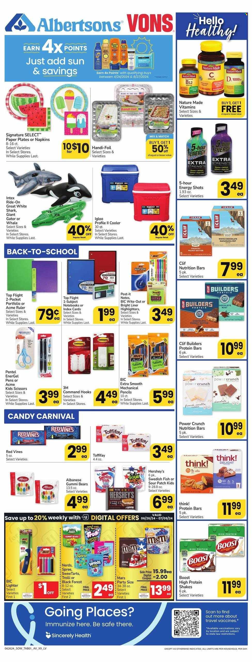 thumbnail - Albertsons Flyer - 07/03/2024 - 07/09/2024 - Sales products - Nature Made, dietary supplement, vitamins, snack bar, bars, protein bar, BIC, highlighters, sticky memos, Post-It, ruler, pen, scissors, nutrition bar, nutritional supplement, jelly candy, Hershey's, Sour Patch, spiral notebook, index cards, Red Vines, protein drink, shake, Boost, Trolli, sweets, lollies, Mars, napkins, plate, paper plate, grill accessories, energy shot, Intex, pencil. Page 6.