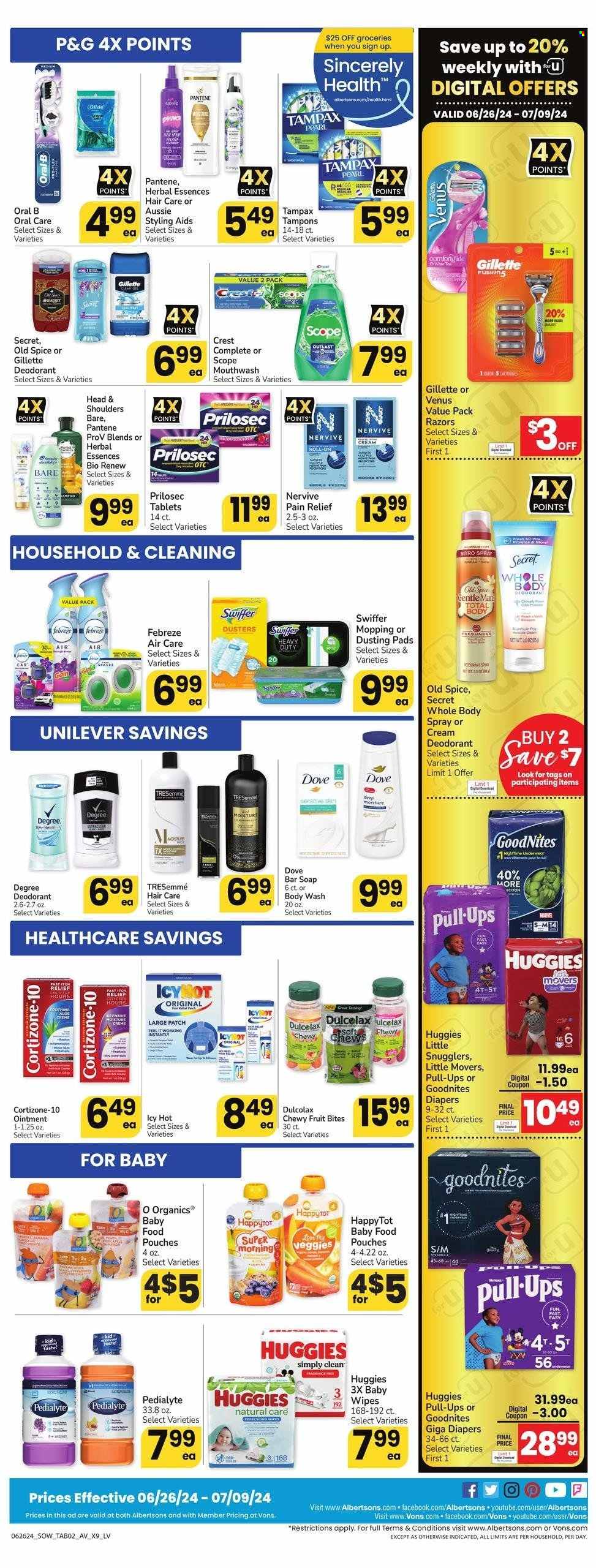 thumbnail - Albertsons Flyer - 07/03/2024 - 07/09/2024 - Sales products - Pedialyte, dietary supplement, Oral-B, hair products, Head & Shoulders, Pantene, Herbal Essences, Gillette, razor, Venus, Swiffer, TRESemmé, Dulcolax, pain therapy, baby food pouch, baby food jar, Aussie, Old Spice, deodorant, Tampax, tampons, Huggies, nappies, ointment, Cortizone, baby pants, mouthwash, Crest, pain relief, Febreze, air freshener, body spray, Degree, Dove, body wash, soap bar, soap, wipes, baby wipes. Page 7.