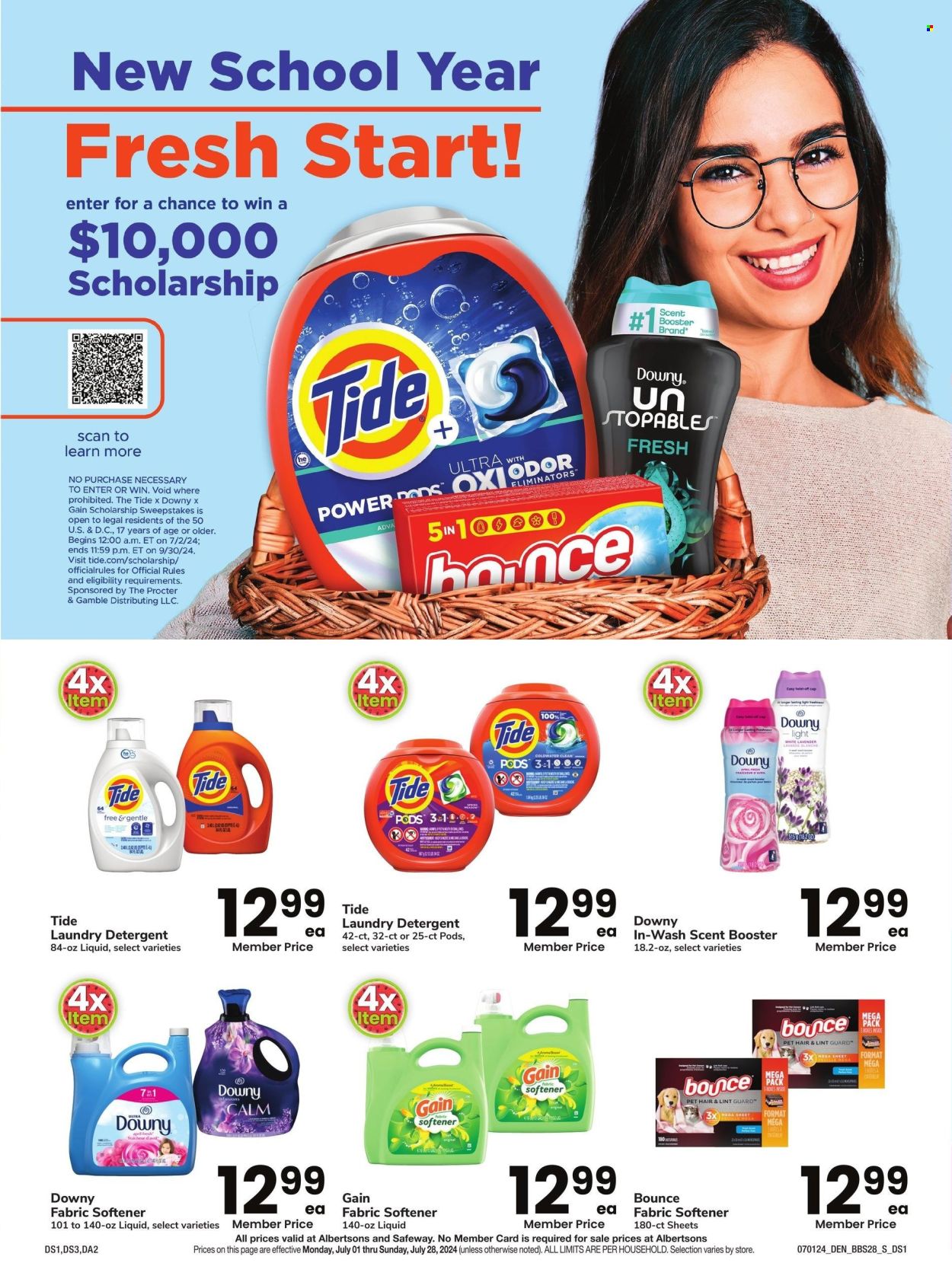 thumbnail - Albertsons Flyer - 07/01/2024 - 07/28/2024 - Sales products - detergent, Tide, laundry detergent, fabric softener, Bounce, scent booster, Downy Laundry, Gain. Page 7.