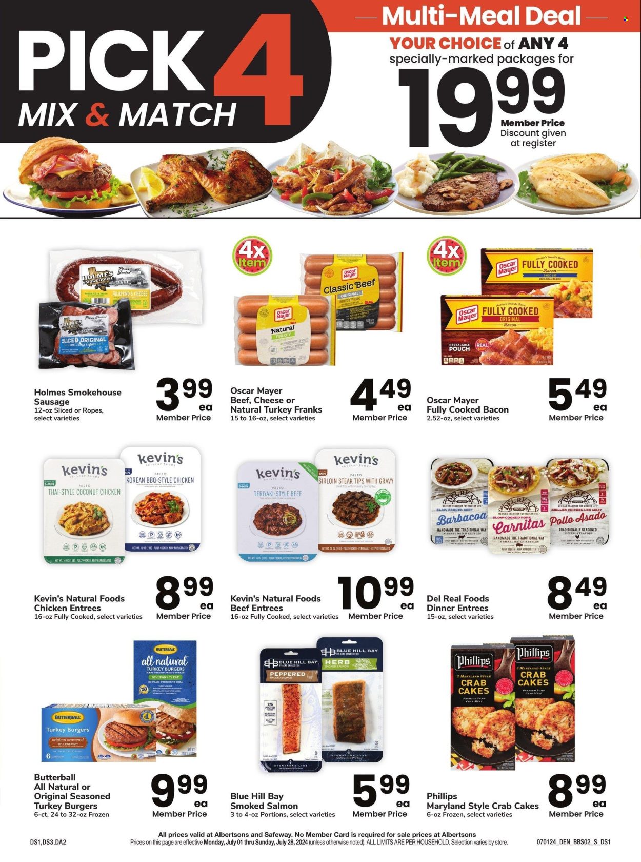 thumbnail - Albertsons Flyer - 07/01/2024 - 07/28/2024 - Sales products - ready meal, sausage, bacon, Oscar Mayer, frankfurters, cheese, crab cake, hamburger, Butterball, turkey burger, salmon, smoked salmon. Page 17.