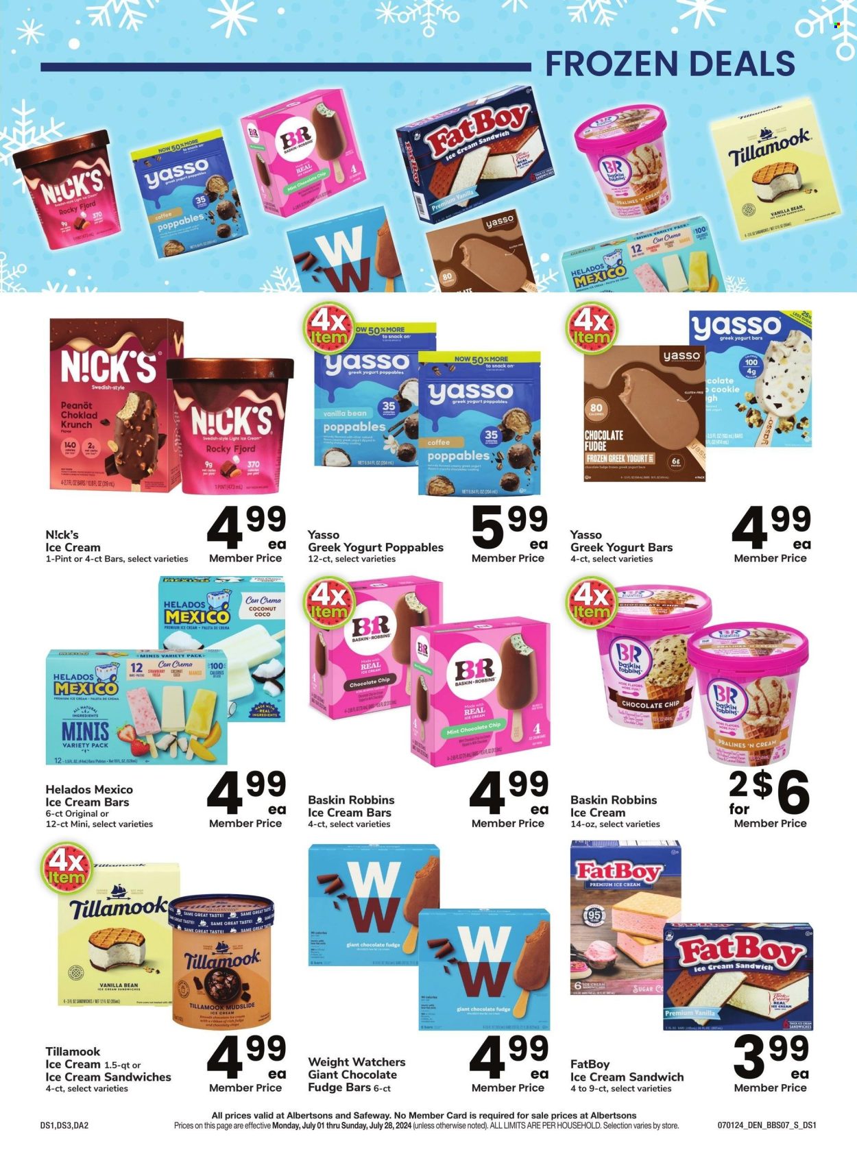 thumbnail - Albertsons Flyer - 07/01/2024 - 07/28/2024 - Sales products - ice cream sandwich, ice cream, greek yoghurt, bars, ice cream bars, frozen yoghurt, frozen dessert, salty snack, fudge. Page 20.