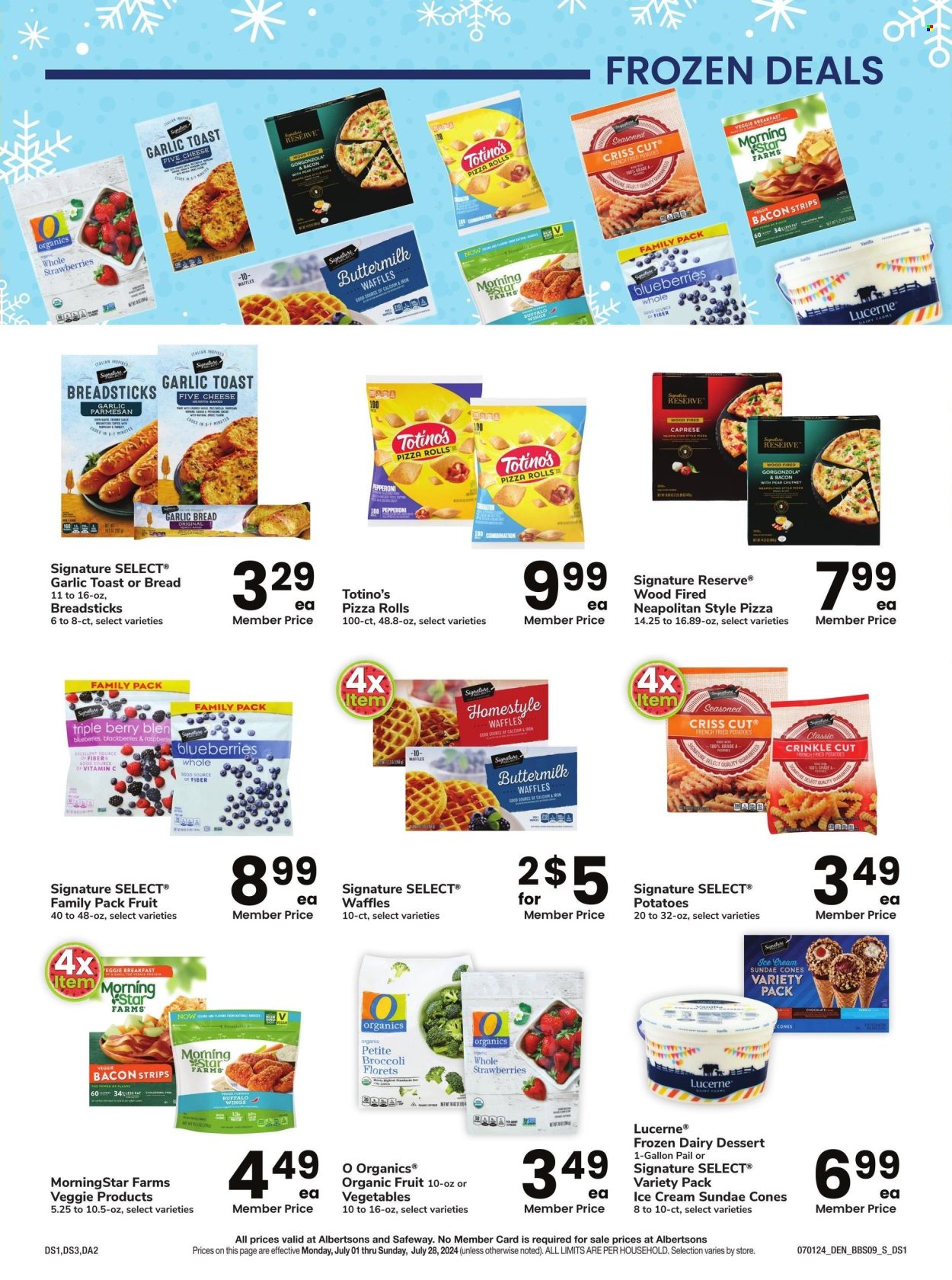 thumbnail - Albertsons Flyer - 07/01/2024 - 07/28/2024 - Sales products - bread, toast bread, bread sticks, waffles, pizza rolls, pizza, MorningStar Farms, dessert, ice cream, frozen dessert, potatoes. Page 22.