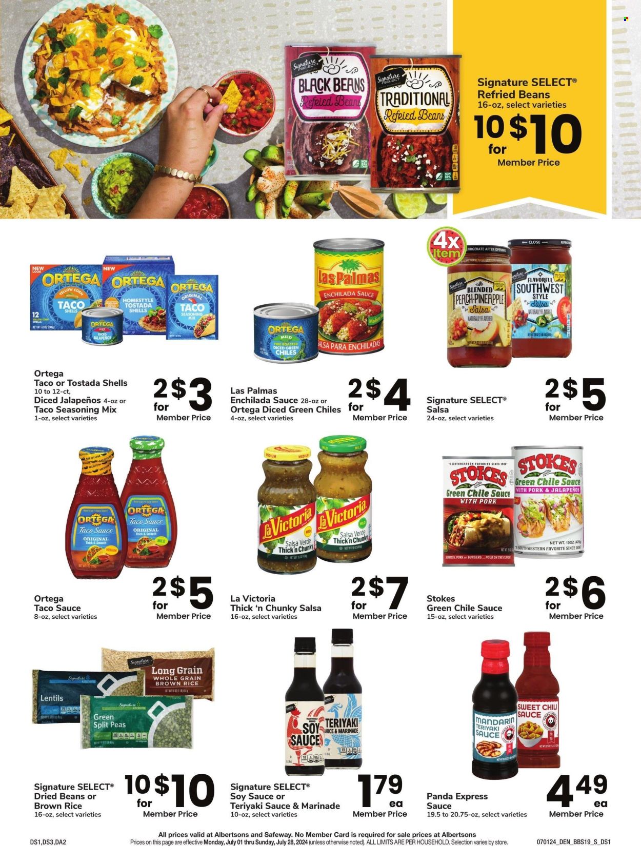 thumbnail - Albertsons Flyer - 07/01/2024 - 07/28/2024 - Sales products - taco sauce, sauce, jalapeño, spice, seasoning, beans, brown rice, rice, dry beans, panda, enchilada sauce, canned vegetables, salsa, soy sauce, marinade, teriyaki sauce, refried beans. Page 32.