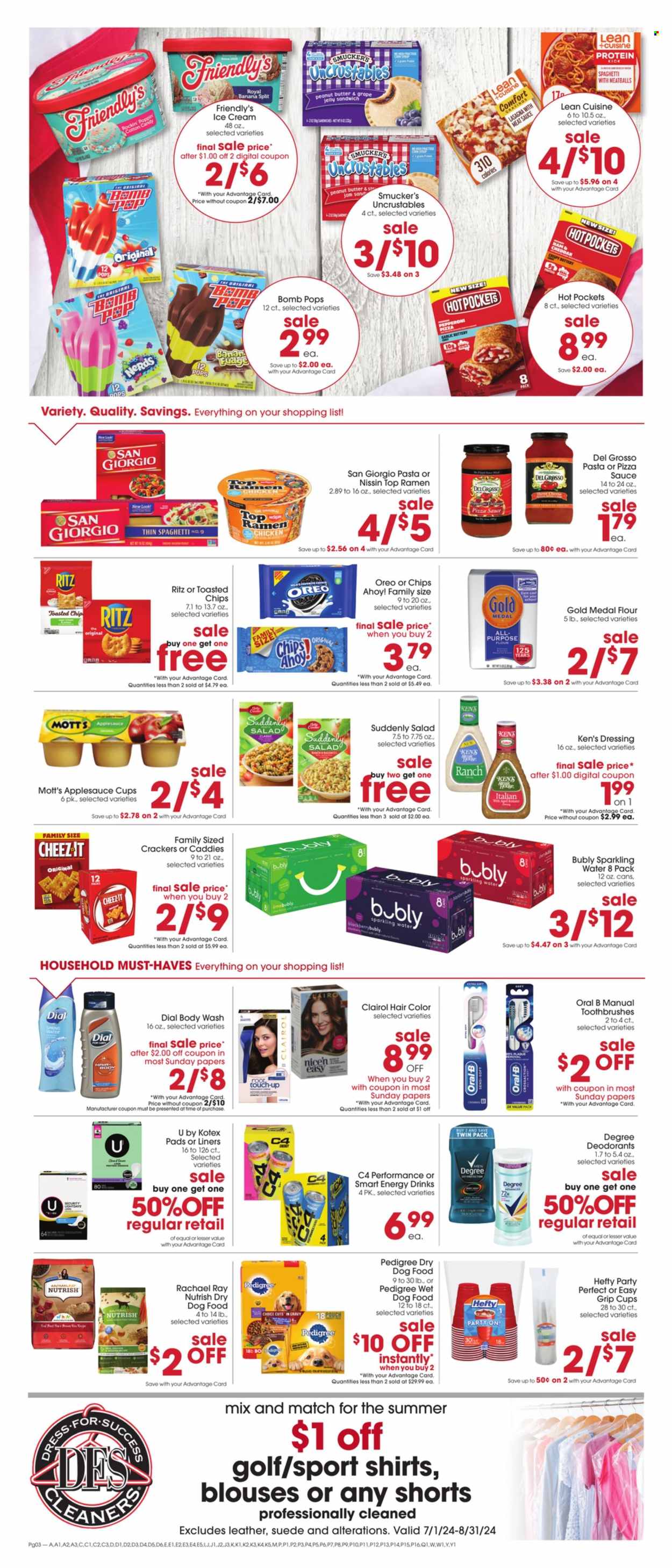 thumbnail - Giant Eagle Flyer - 07/04/2024 - 07/10/2024 - Sales products - salad, Mott's, ramen, spaghetti, hot pocket, pasta sauce, meatballs, pasta, Top Ramen, lasagna meal, Lean Cuisine, Nissin, ready meal, Oreo, jelly, Friendly's Ice Cream, cotton candy, crackers, Chips Ahoy!, RITZ, sweets, Cheez-It, salty snack, flour, pizza sauce, dressing, apple sauce, corn syrup, grape jelly, syrup, jam, energy drink, spring water, sparkling water, water, pads, cleaner, body wash, Dial, toothbrush, Oral-B, sanitary pads, Kotex, Kotex pads, Root Touch-Up, Clairol, hair color, deodorant, Degree, Hefty, plastic cup, animal food, dog food, wet dog food, Pedigree, dry dog food, Nutrish, vitamin D3. Page 3.