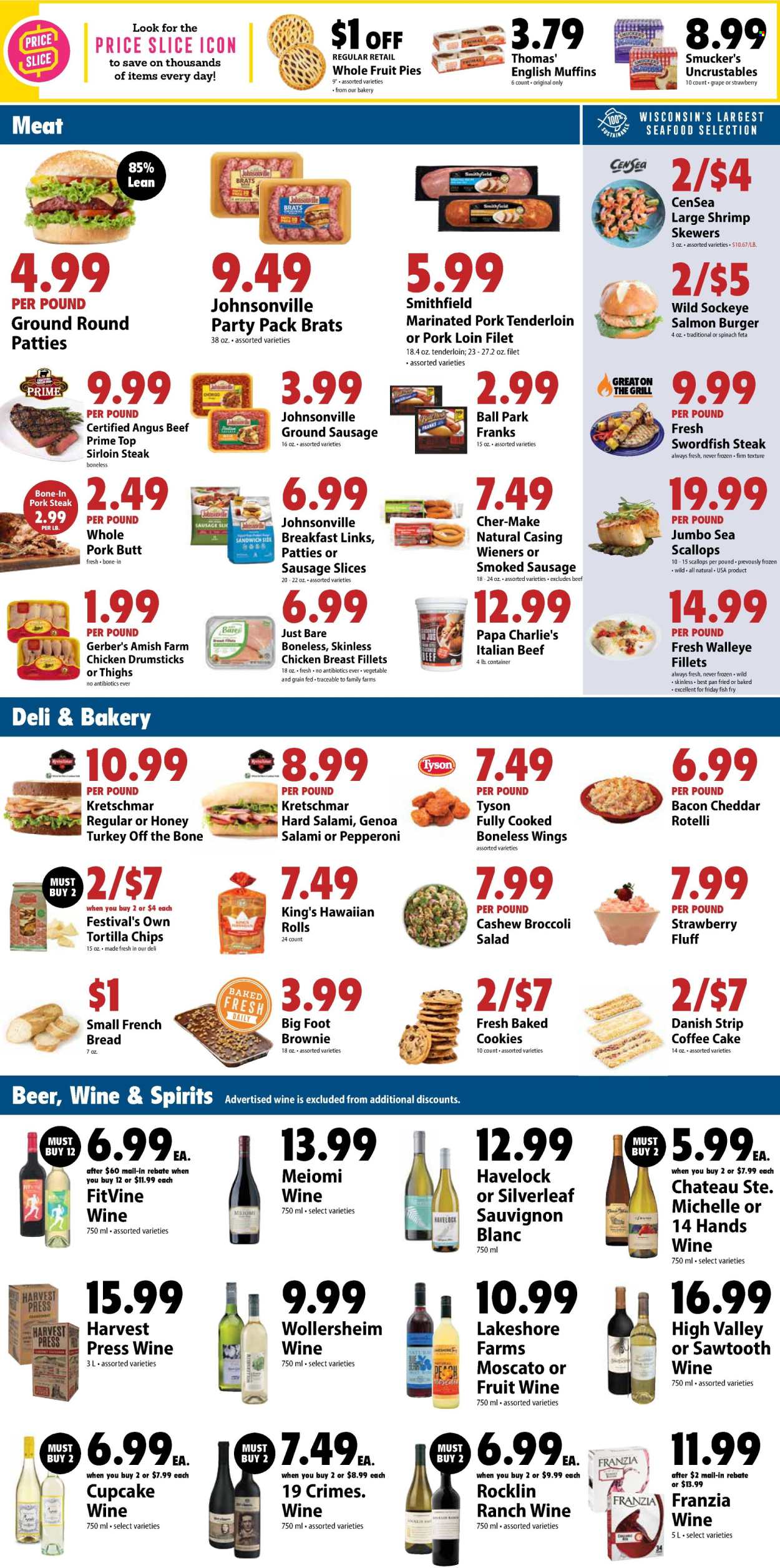 thumbnail - Festival Foods Flyer - 07/03/2024 - 07/09/2024 - Sales products - english muffins, cake, pie, french bread, hawaiian rolls, brownies, coffee cake, salad, scallops, swordfish, seafood, shrimps, fried fish, walleye, shrimp skewers, hamburger, ready meal, salami, chicken breasts, Johnsonville, sausage, smoked sausage, sausage slices, frankfurters, cookies, tortilla chips, red wine, white wine, wine, alcohol, Moscato, Sauvignon Blanc, Cupcake Vineyards, fruit wine, beer, chicken thighs, chicken drumsticks, turkey, beef sirloin, ground beef, steak, sirloin steak, pork chops, pork loin, pork meat, pork tenderloin, marinated pork, pork butt. Page 2.