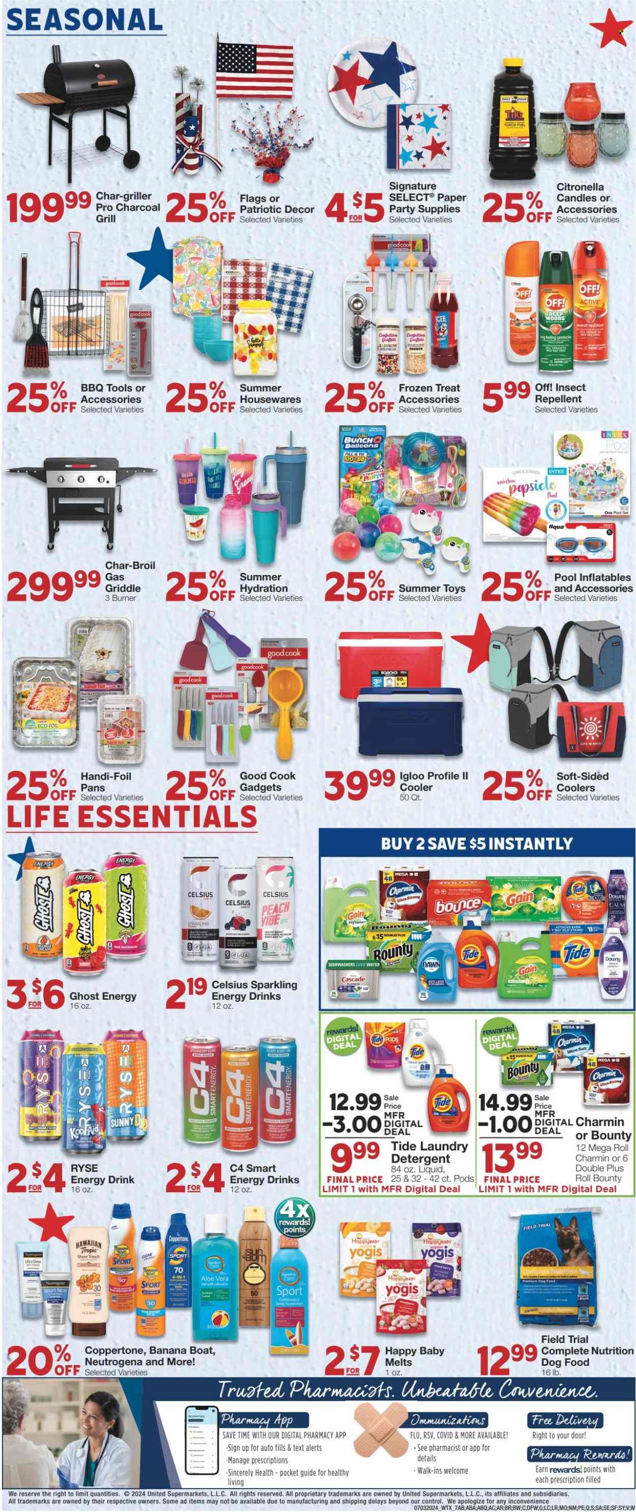 thumbnail - United Supermarkets Flyer - 07/03/2024 - 07/09/2024 - Sales products - ice cream, popsicle, Bounty, sprinkles, energy drink, water, Charmin, detergent, Gain, Cascade, Tide, fabric softener, laundry detergent, Neutrogena, sunscreen lotion, Hawaiian Tropic, utensils, pan, paper, balloons, candle, party supplies, animal food, dog food. Page 7.