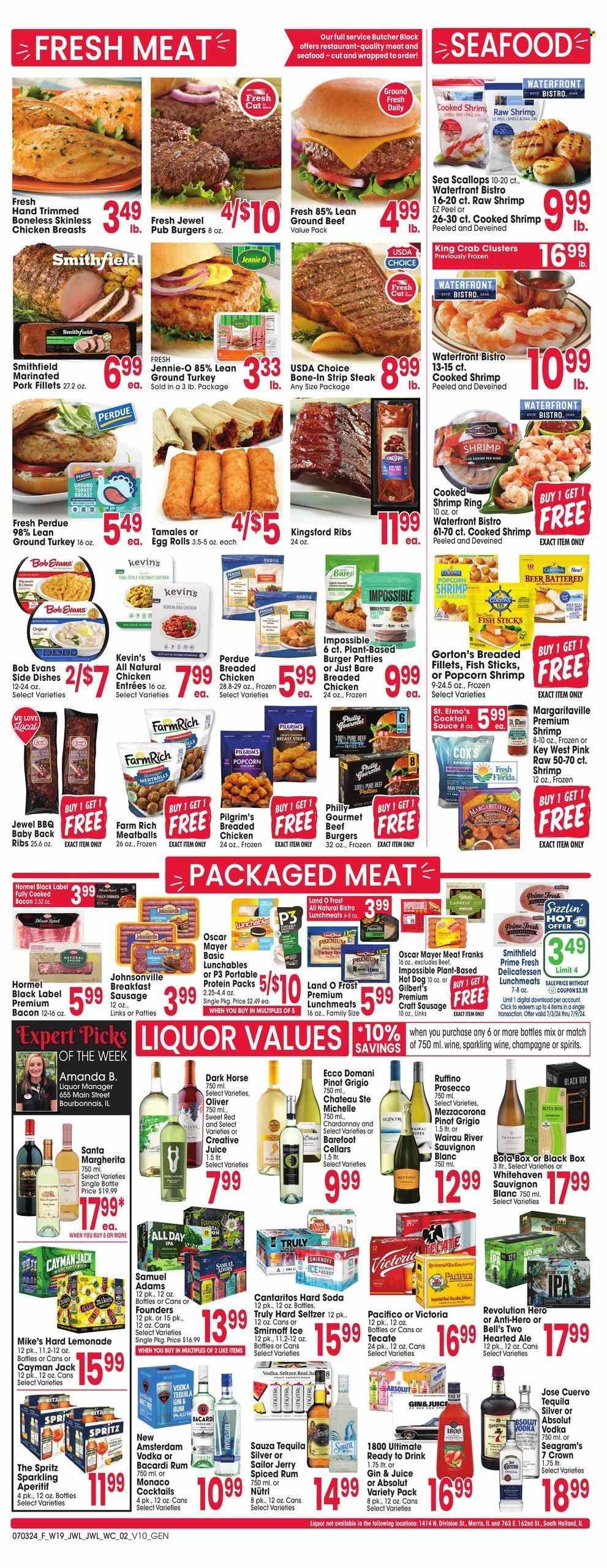 thumbnail - Jewel Osco Flyer - 07/03/2024 - 07/09/2024 - Sales products - scallops, king crab, seafood, crab, shrimps, Gorton's, crab clusters, hot dog, meatballs, snack, hamburger, egg rolls, veggie burger, beef burger, Perdue®, fish sticks, Lunchables, Bob Evans, burger patties, Hormel, Kingsford, ready meal, plant based ready meal, breaded chicken, plant based product, bacon, chicken breasts, Johnsonville, Oscar Mayer, sausage, Gilbert’s, frankfurters, lunch meat, strips, cocktail sauce, soda, cocktail, sparkling wine, white wine, prosecco, Chardonnay, wine, Pinot Grigio, Sauvignon Blanc, Bacardi, gin, liqueur, rum, Smirnoff, spiced rum, tequila, whiskey, Absolut, Hard Seltzer, TRULY, aperitif, Bell's, turkey, beef meat, steak, striploin steak, pork meat, pork ribs, pork back ribs, marinated pork. Page 2.