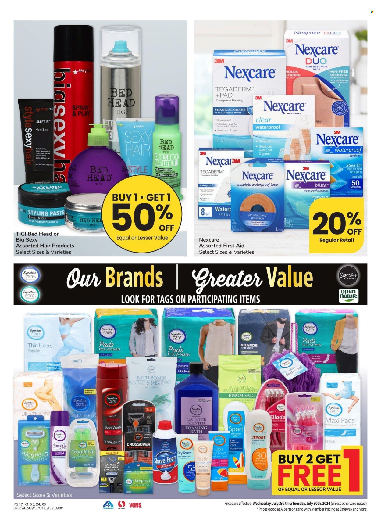 thumbnail - Albertsons Flyer - 07/03/2024 - 07/30/2024 - Sales products - bars, sea salt, dressing, pads, body wash, bath bomb, hair products, sanitary pads, body lotion, sunscreen lotion, Absolute, disposable razor, shave foam, razor cartridges, eucalyptus, epsom salt. Page 17.