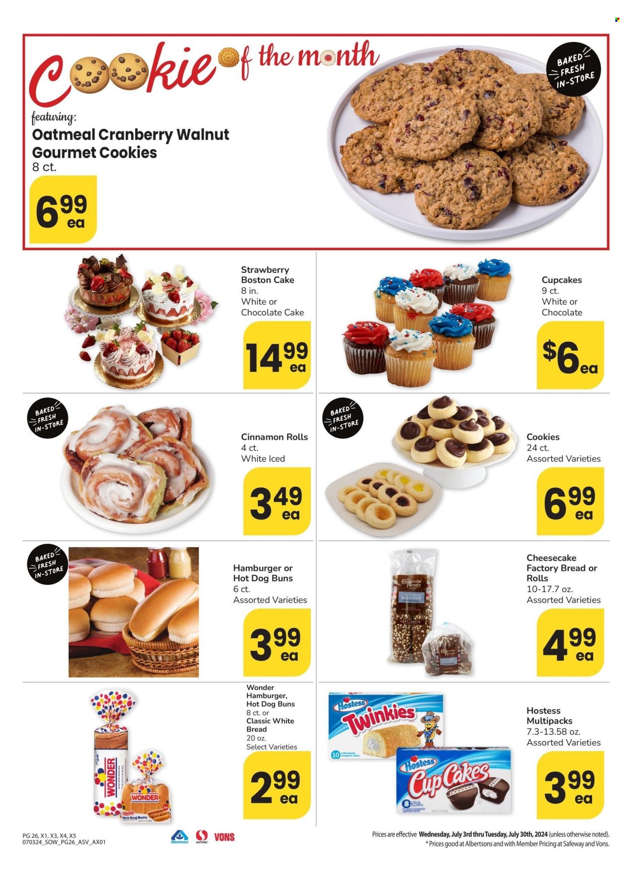 thumbnail - Albertsons Flyer - 07/03/2024 - 07/30/2024 - Sales products - bread, white bread, hot dog rolls, cake, buns, burger buns, cinnamon roll, cupcake, cheesecake, chocolate cake, cookies, snack cake, oatmeal. Page 26.