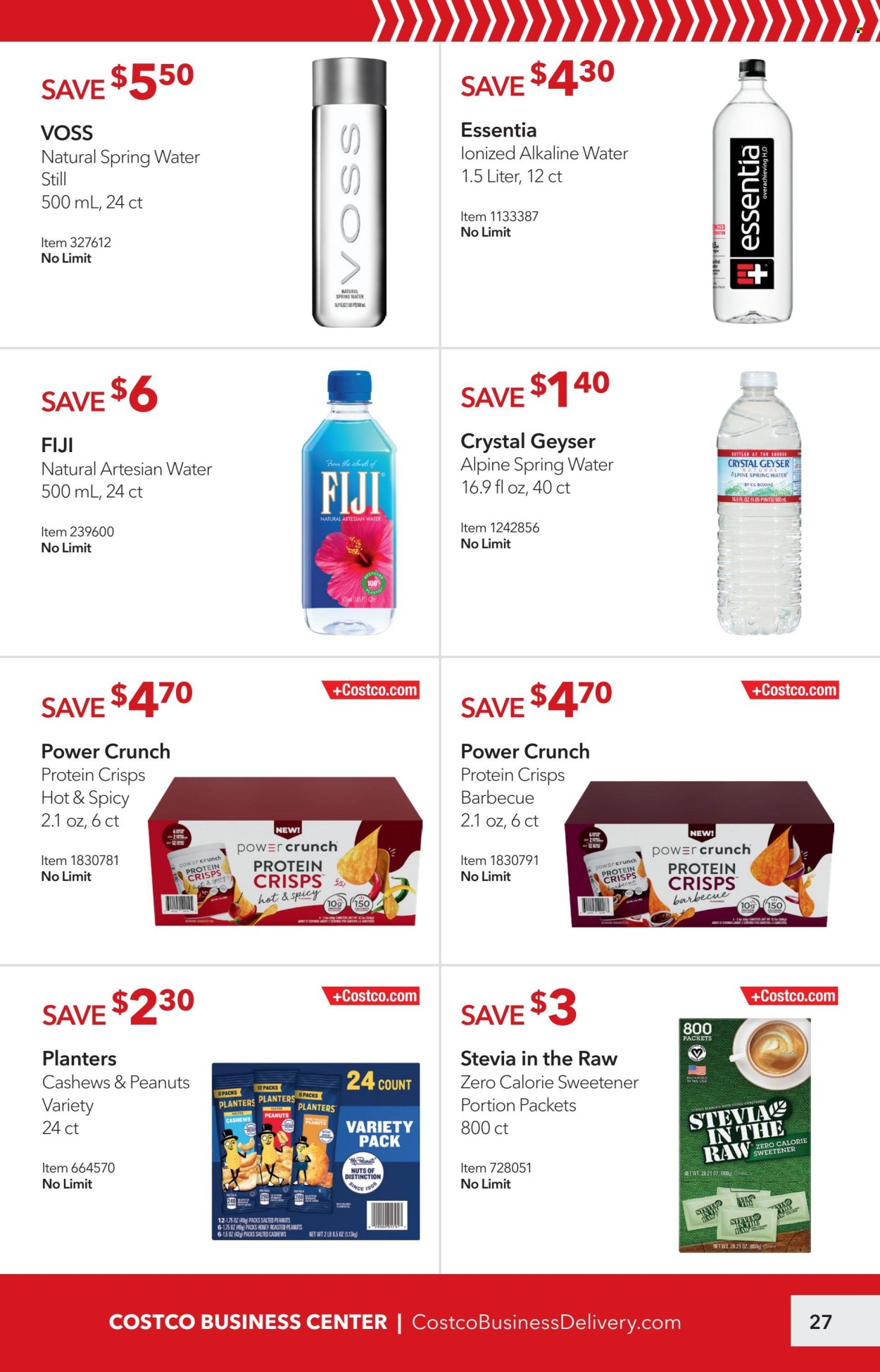 thumbnail - Costco Flyer - 07/22/2024 - 08/18/2024 - Sales products - crisps, stevia, sweetener, cashews, roasted peanuts, peanuts, Planters, spring water, alkaline water, Voss, water, canister. Page 27.