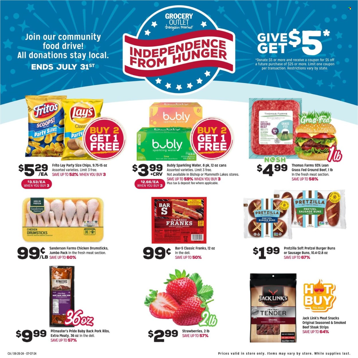 thumbnail - Grocery Outlet Flyer - 07/03/2024 - 07/09/2024 - Sales products - bread, pretzels, buns, burger buns, strawberries, snack, frankfurters, Fritos, chips, Lay’s, corn chips, Jack Link's, salty snack, sparkling water, water, chicken drumsticks, beef meat, beef steak, steak, ribs, pork meat, pork ribs, pork back ribs. Page 1.