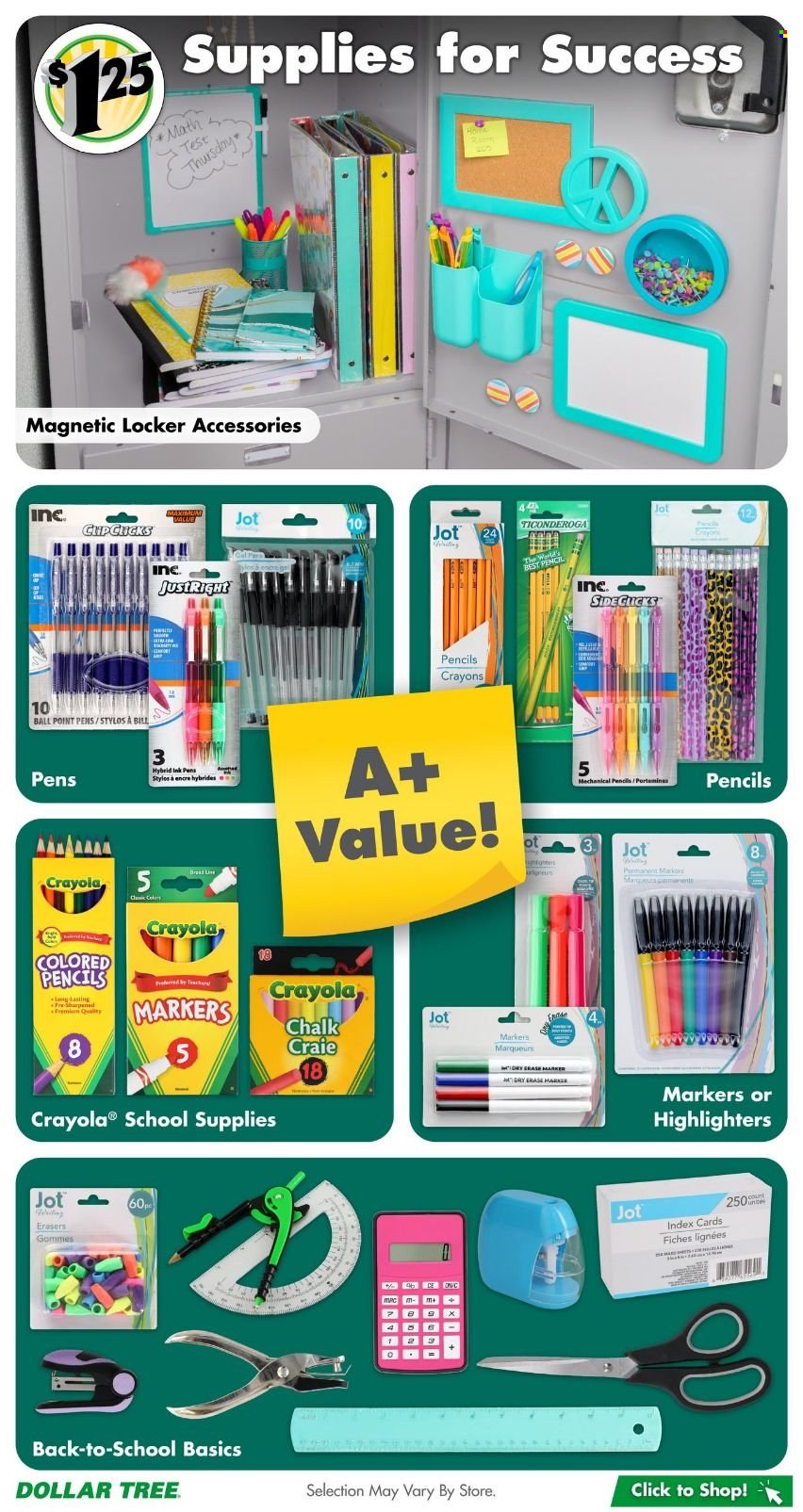 thumbnail - Dollar Tree Flyer - 07/05/2024 - 07/27/2024 - Sales products - highlighters, crayons, pen, marker, eraser, pencil, ball pen, colored pencil, index cards. Page 3.