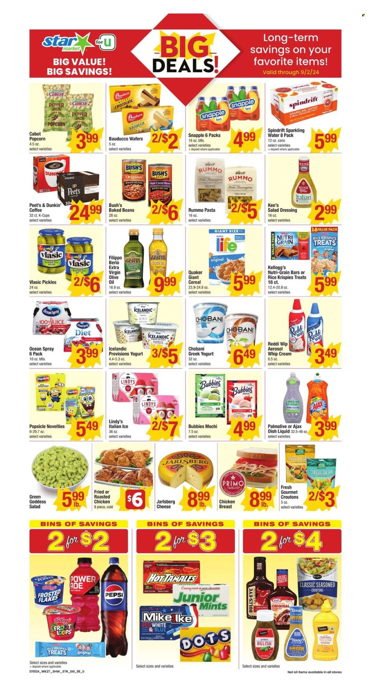 thumbnail - Star Market Flyer - 07/05/2024 - 09/02/2024 - Sales products - dessert, chicken roast, pasta, Quaker, Kraft®, ready meal, chicken breasts, Pepper Jack cheese, cheese, greek yoghurt, yoghurt, Chobani, ice cream, ice cream bars, popsicle, wafers, cereal bar, Kellogg's, popcorn, croutons, pickles, baked beans, relish, pickled vegetables, Frosted Flakes, Nutri-Grain, salad dressing, dressing, oil, Pepsi, juice, fruit drink, soft drink, Snapple, Spindrift, sparkling water, water, carbonated soft drink, green tea, tea, coffee, coffee capsules, K-Cups, Keurig, chicken. Page 1.