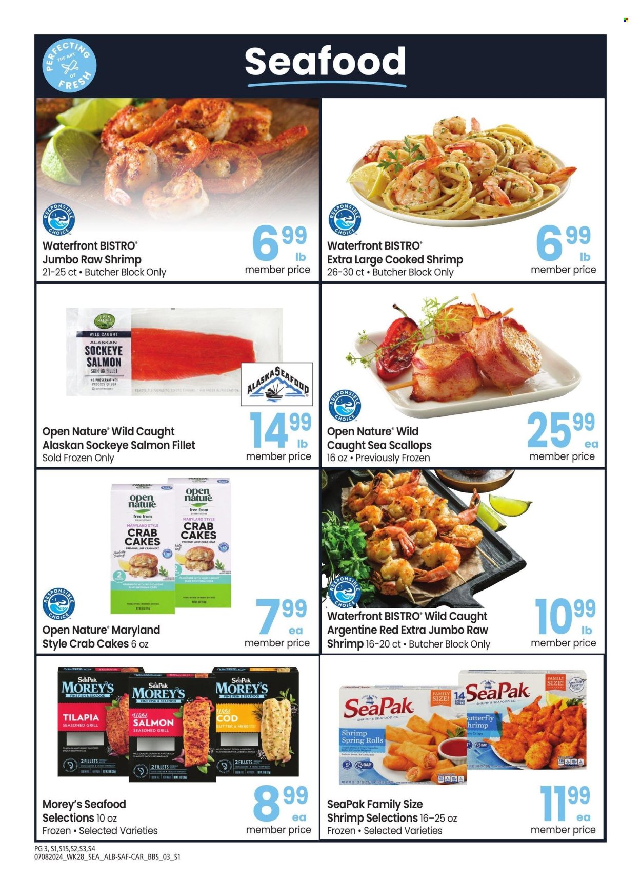 thumbnail - Albertsons Flyer - 07/08/2024 - 08/04/2024 - Sales products - seafood, shrimps, fish fillets, salmon, salmon fillet, scallops, crab cake. Page 3.