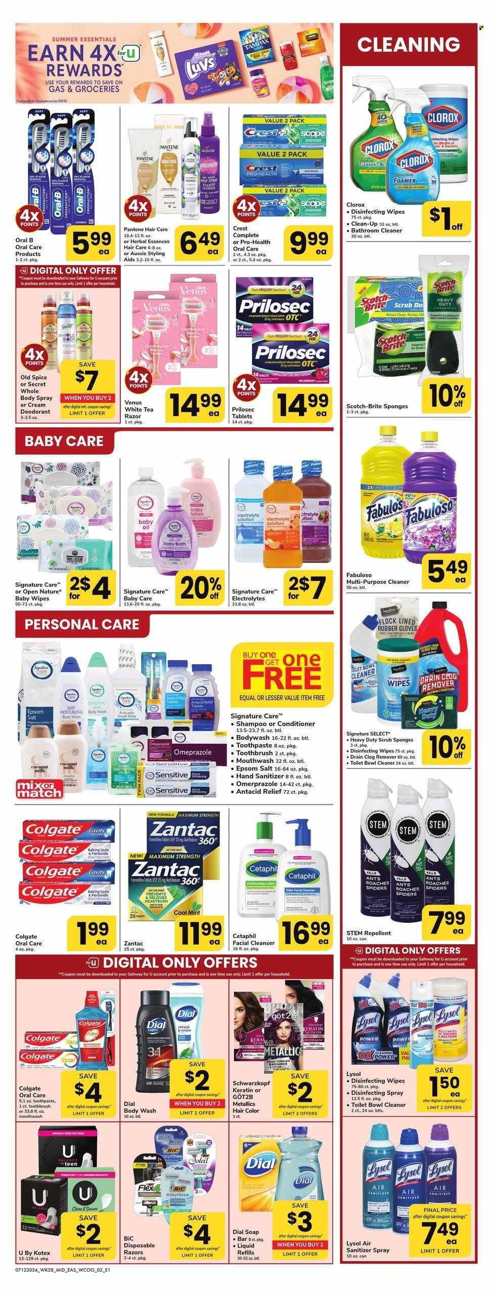 thumbnail - Safeway Flyer - 07/12/2024 - 08/01/2024 - Sales products - plant-based milk, cleansing wipes, wipes, antibacterial spray, all purpose cleaner, toilet cleaner, Lysol, Clorox, Fabuloso, bathroom cleaner, body wash, shampoo, Old Spice, Schwarzkopf, Dial, soap, hair products, Colgate, toothbrush, Oral-B, toothpaste, mouthwash, Crest, Tampax, Kotex, cleanser, sponge, Cetaphil, skin care product, Aussie, conditioner, Pantene, hair color, Herbal Essences, hair styling product, body lotion, body spray, BIC, Gillette, Venus, disposable razor, gloves, air freshener, Zantac, Antacid, epsom salt, hand sanitizer. Page 2.