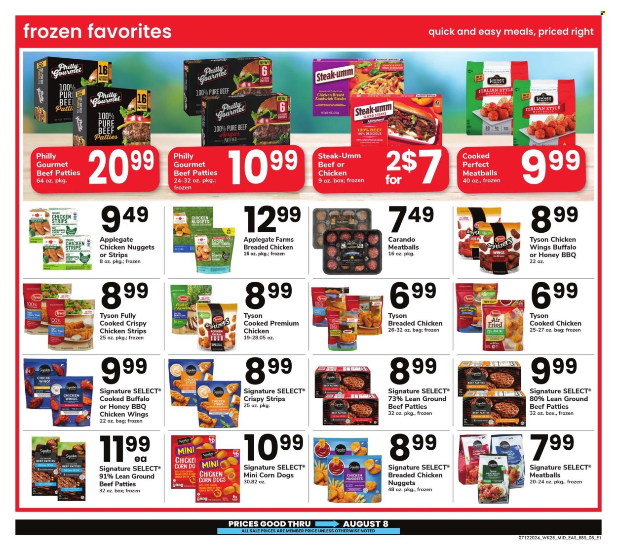 thumbnail - Safeway Flyer - 07/12/2024 - 08/08/2024 - Sales products - chicken tenders, chicken wings, chicken strips, beef meat, burger patties, meatballs, nuggets, fried chicken, chicken nuggets, chicken bites, ready meal, breaded chicken, chicken frankfurters, frankfurters, strips, chicken corn. Page 8.