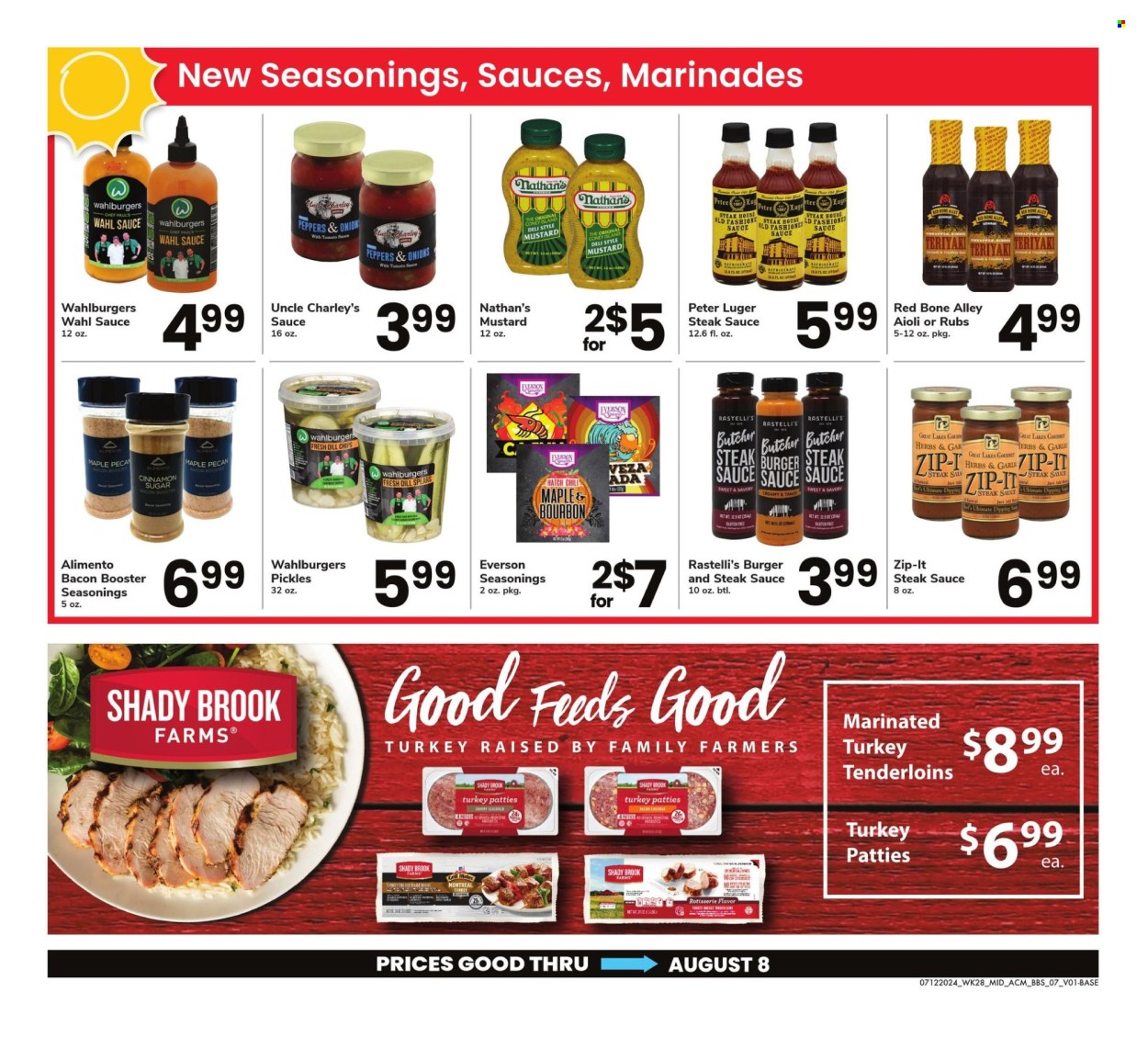 thumbnail - ACME Flyer - 07/12/2024 - 08/08/2024 - Sales products - peppers, burger patties, bacon, chips, sugar, pickles, pickled vegetables, spice, herbs, cinnamon, mustard, marinade, sauce, alcohol, bourbon, turkey tenderloin, turkey, turkey burger. Page 7.