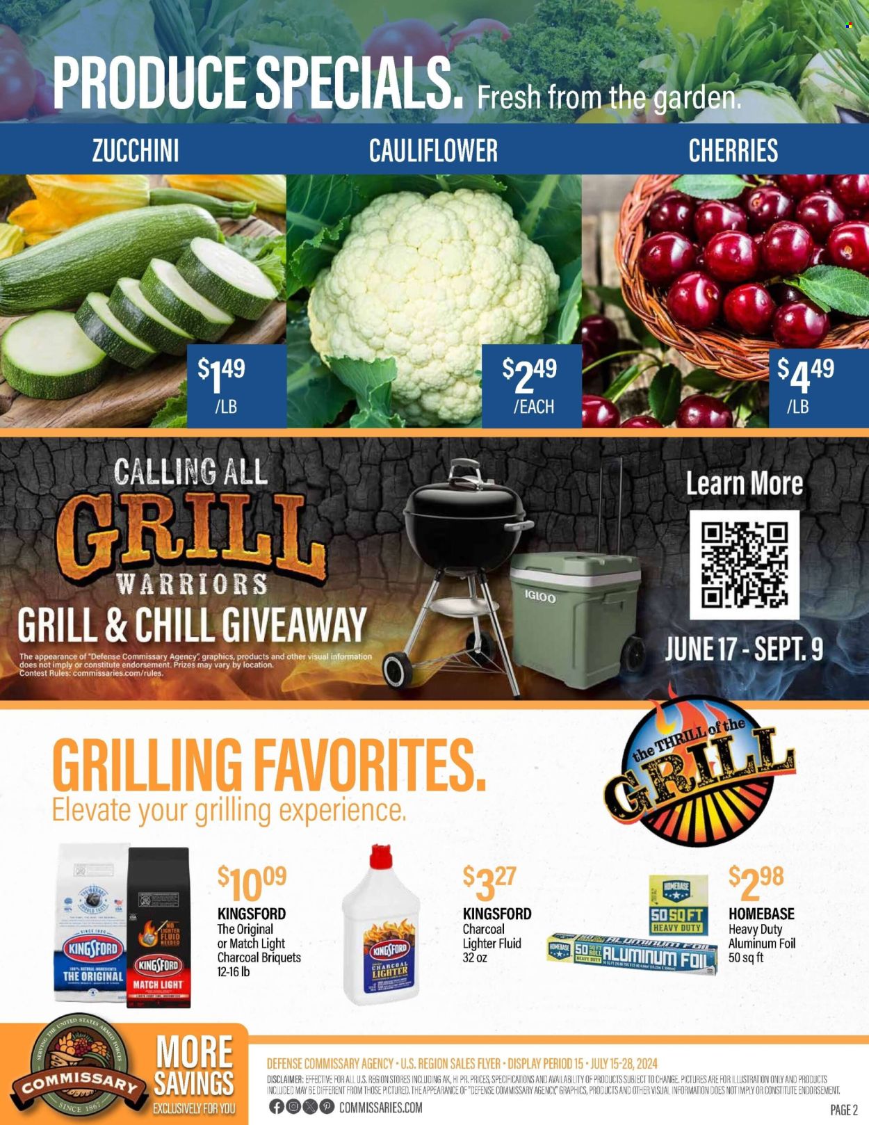 thumbnail - Commissary Flyer - 07/15/2024 - 07/28/2024 - Sales products - cauliflower, zucchini, cherries, Kingsford. Page 2.
